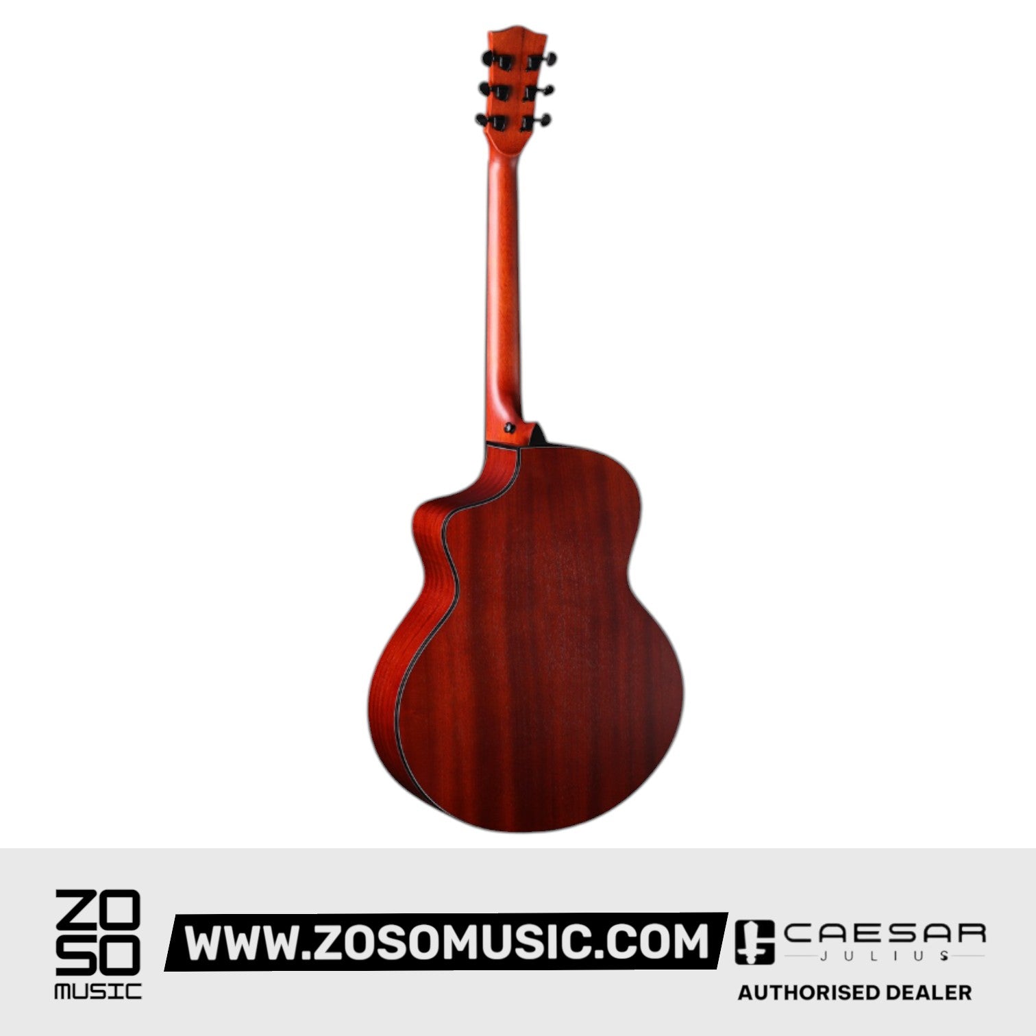 Zoso Music Caesar X-4165C 41-inch acoustic guitar, back view showing sapele wood body and okoume neck with matt finish