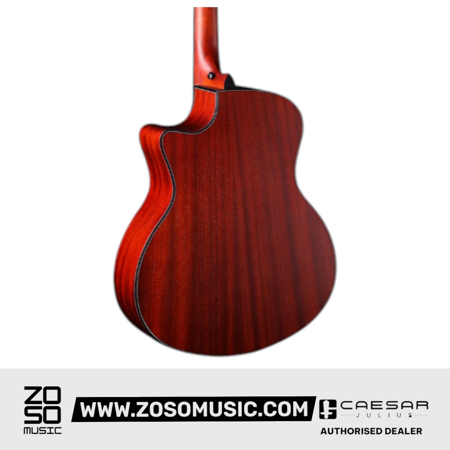 Zoso Music Caesar WL-850C acoustic guitar back view showing the sapele wood body and cutaway design in a matte finish