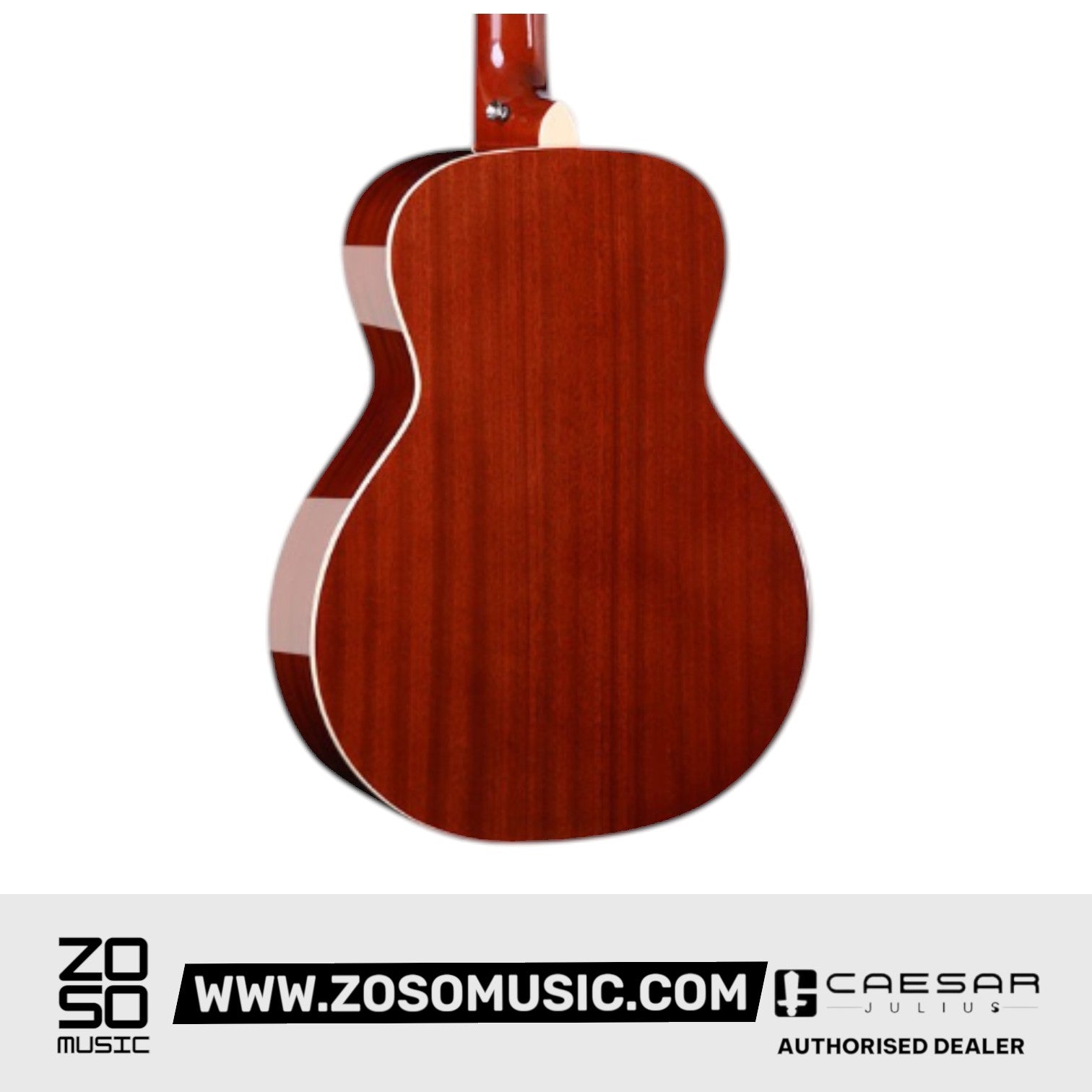 Back view of Zoso Music Caesar X-366 36-inch acoustic guitar with a glossy sapele wood body