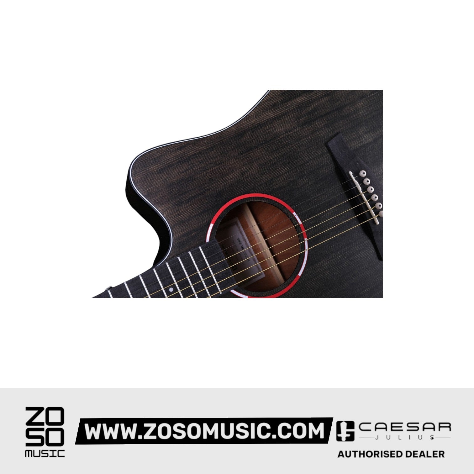 Zoso Music Caesar WL-800Ce acoustic guitar body with black matte finish, cutaway design, and red soundhole detail