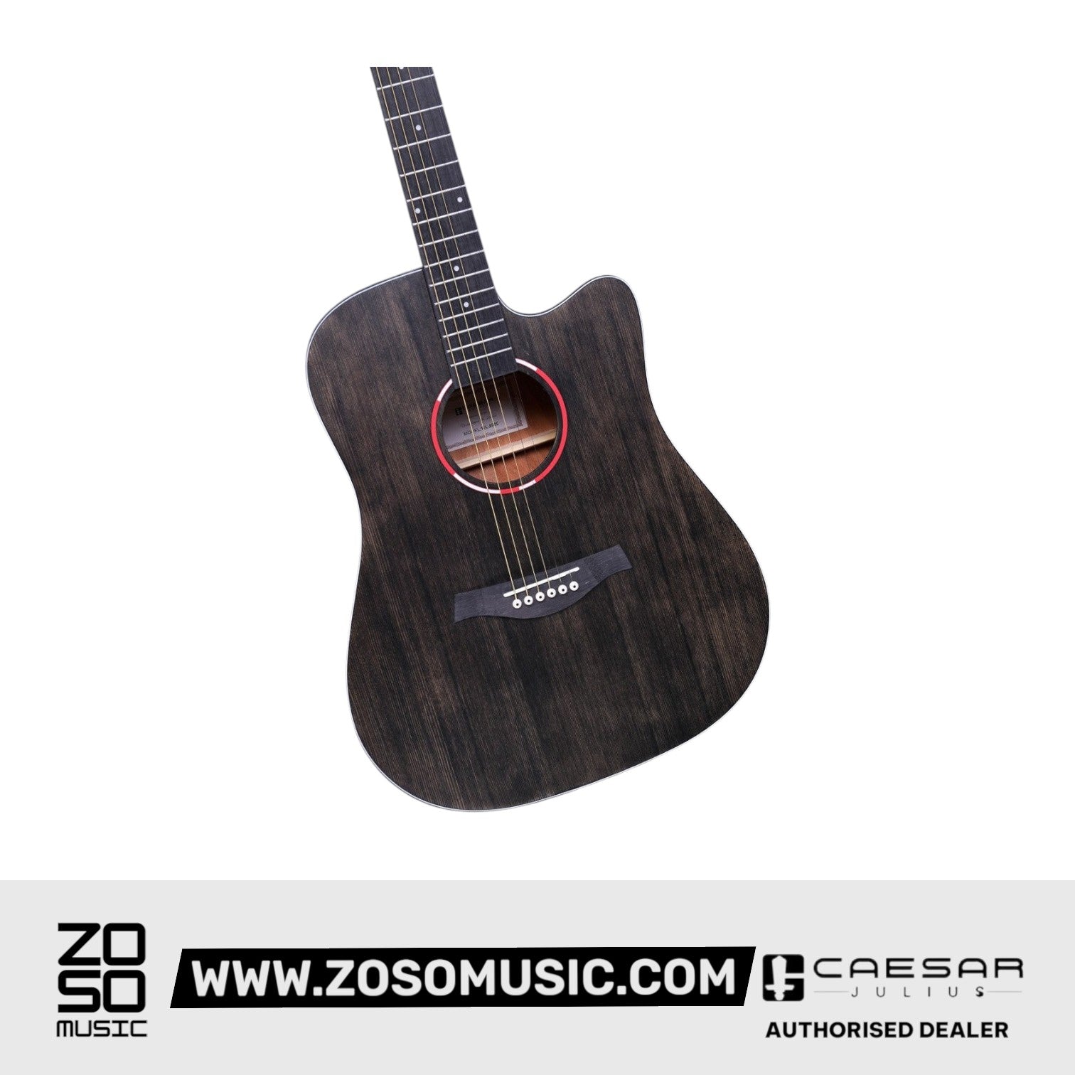 Zoso Music Caesar WL-800Ce 41-inch acoustic guitar with a black matte finish, cutaway body, and spruce top.
