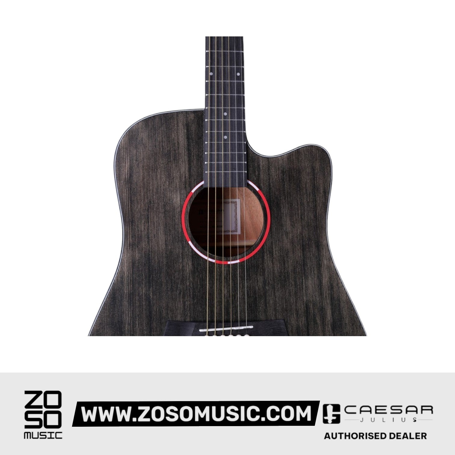 Zoso Music Caesar WL-800Ce 41-inch cutaway acoustic guitar with a black matte finish and red soundhole rosette