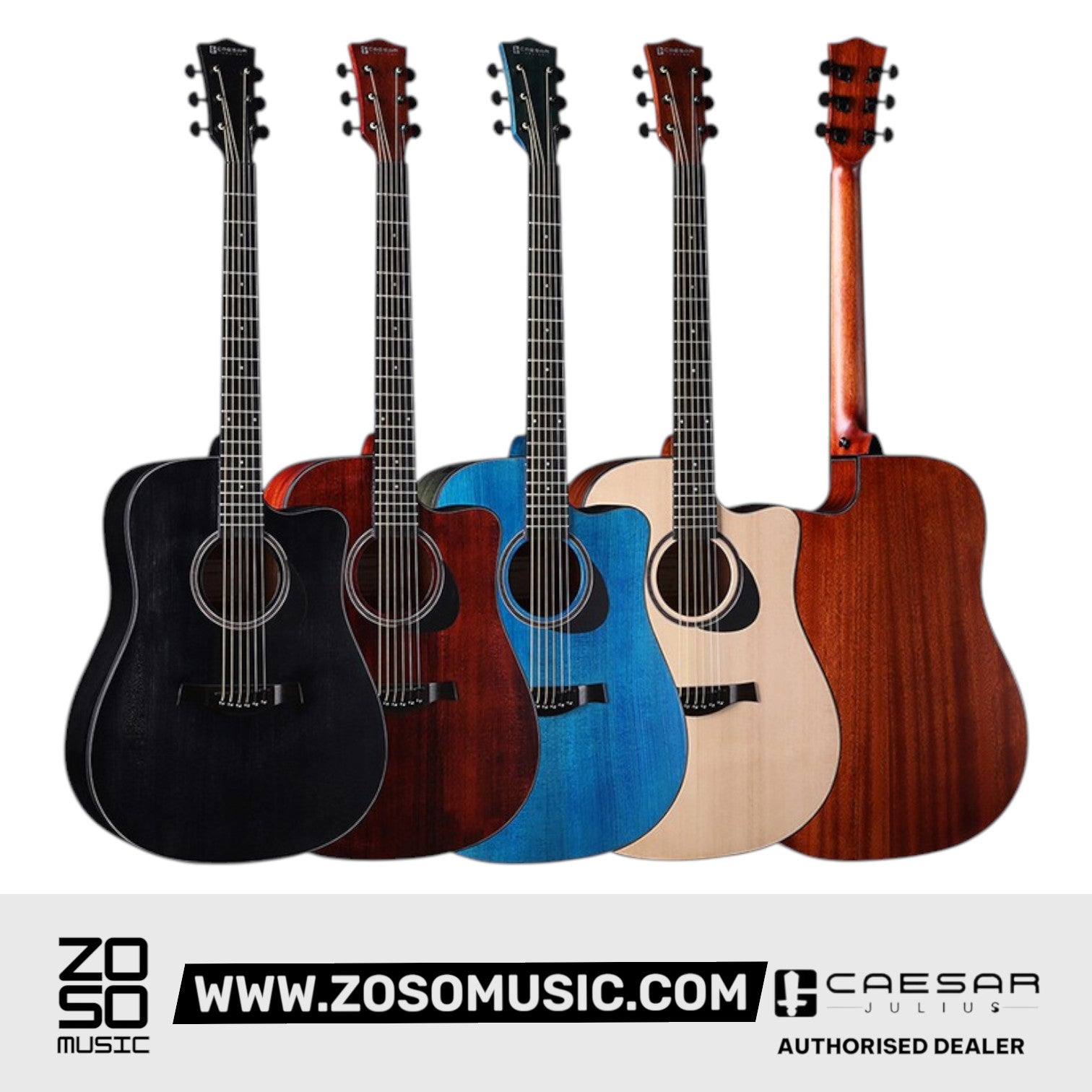 Zoso Music Caesar WL-800Ce 41-inch acoustic cutaway guitars in black, natural, blue, and wood finishes.