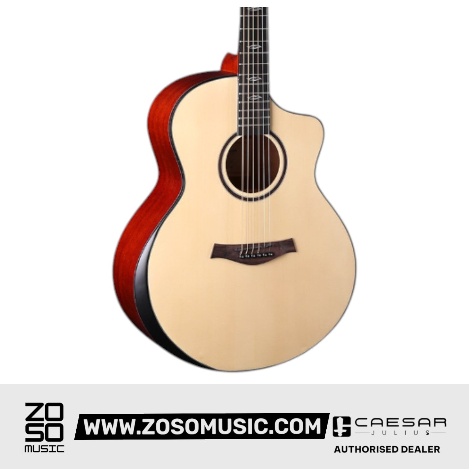 Zoso Music Caesar X-4165C 41-inch cutaway acoustic guitar with a natural spruce top and reddish sapele back and sides.
