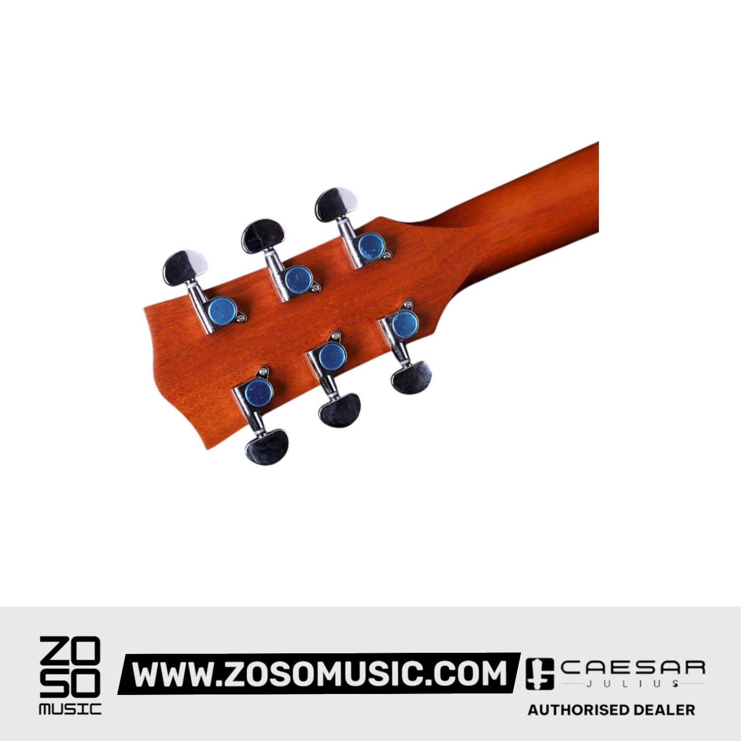 Zoso Music Caesar acoustic guitar mahogany neck and chrome tuning pegs headstock detail