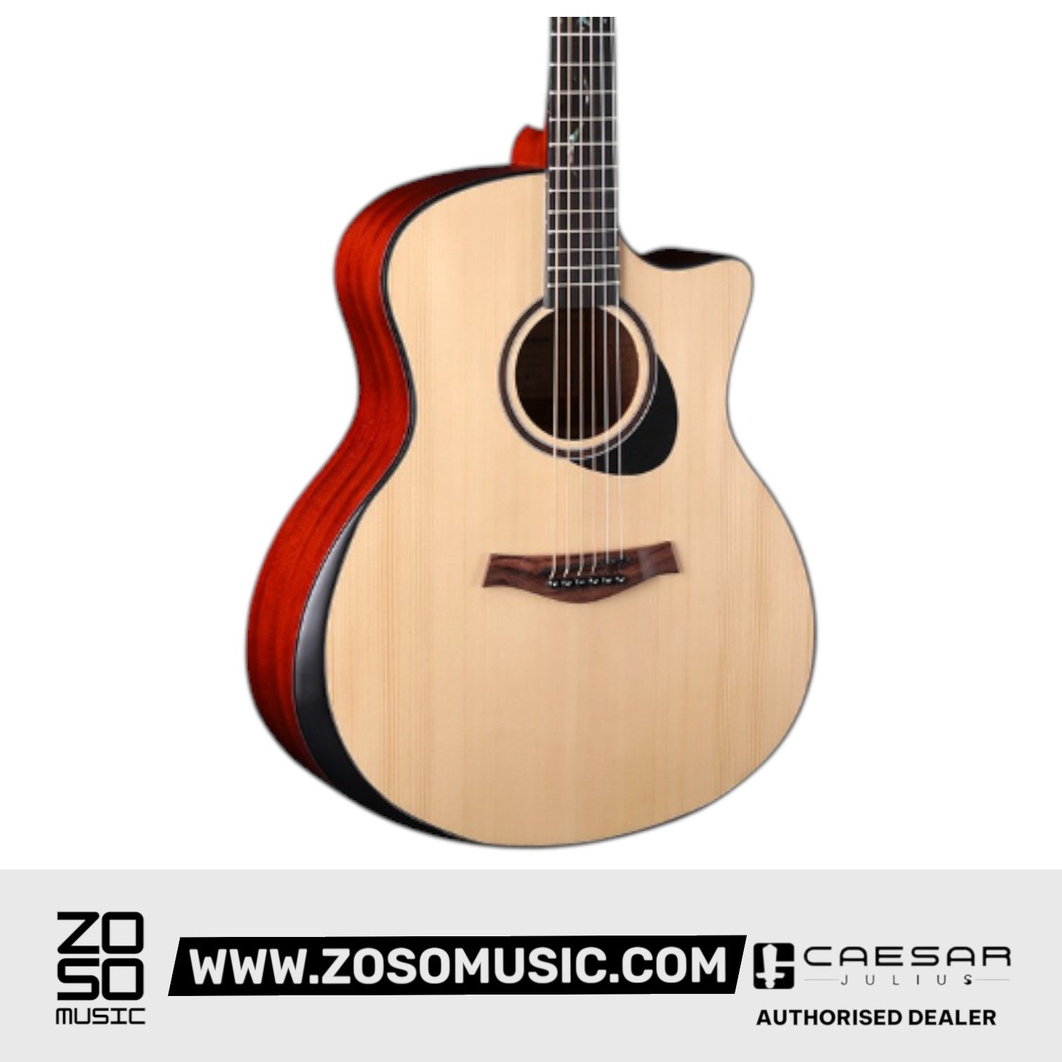 Zoso Music Caesar WL-850C 41-inch acoustic guitar with solid spruce top, sapele back and sides, and cutaway design.