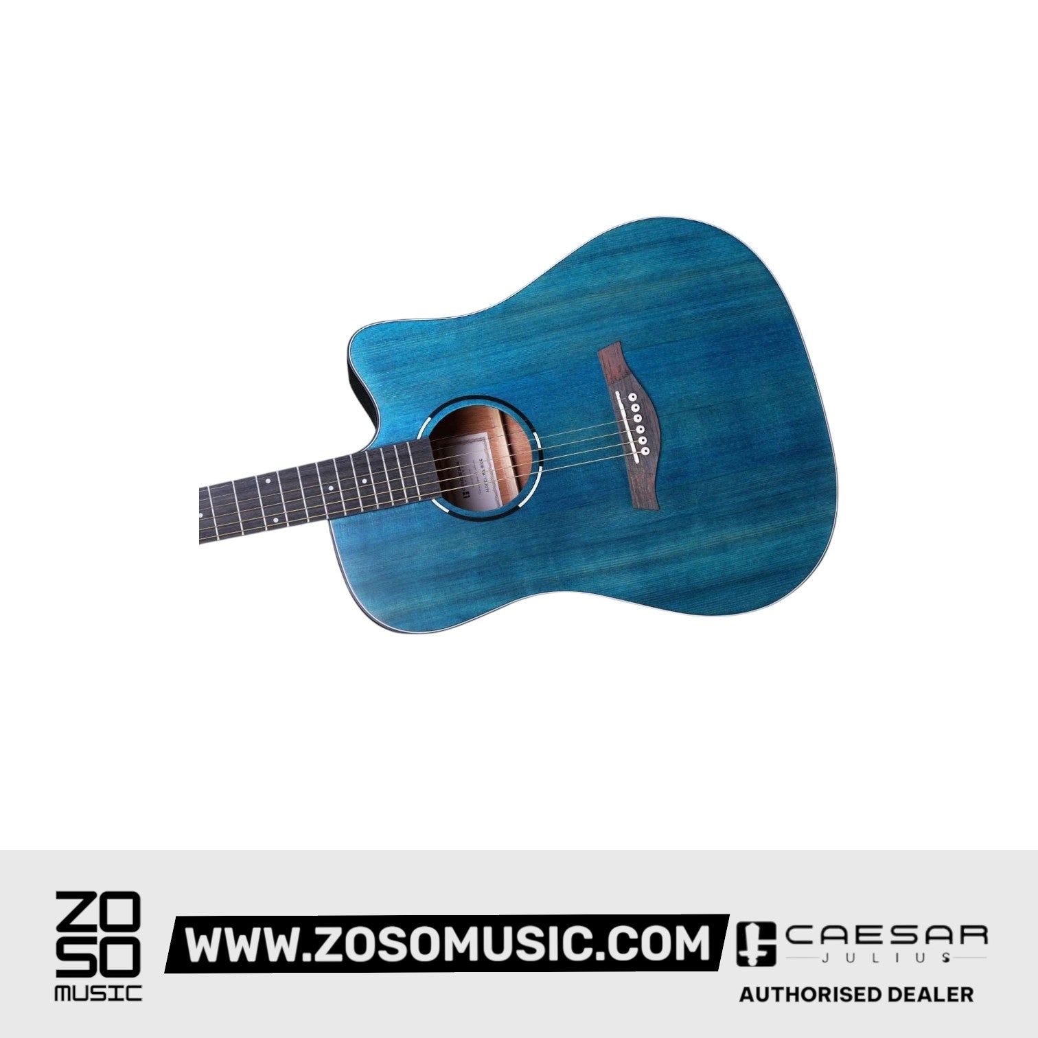 Zoso Music Caesar WL-800Ce blue acoustic guitar with cutaway body, solid spruce top, and rosewood fingerboard
