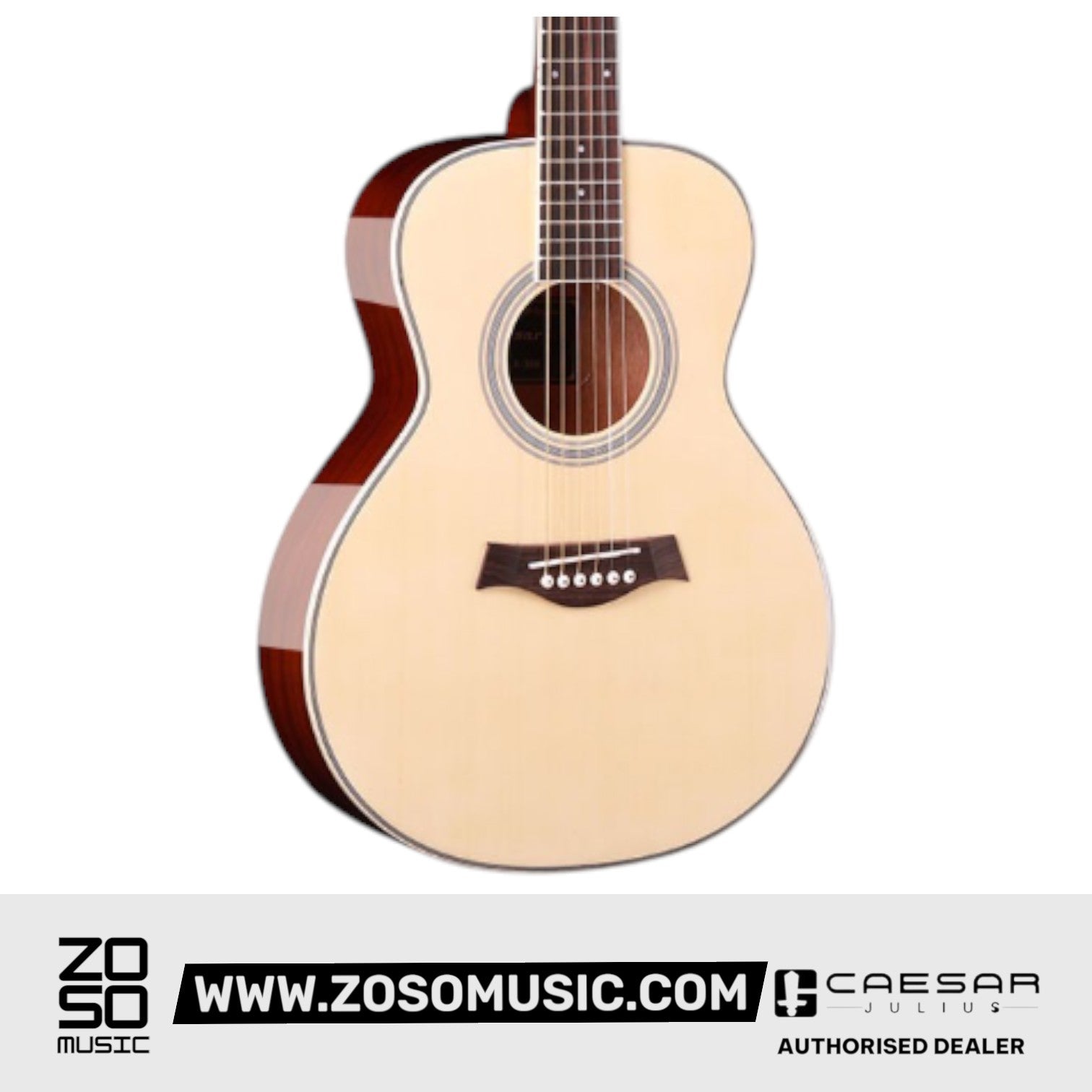 Zoso Music Caesar X-366 36-inch acoustic guitar with a natural spruce top and glossy sapele back and sides.