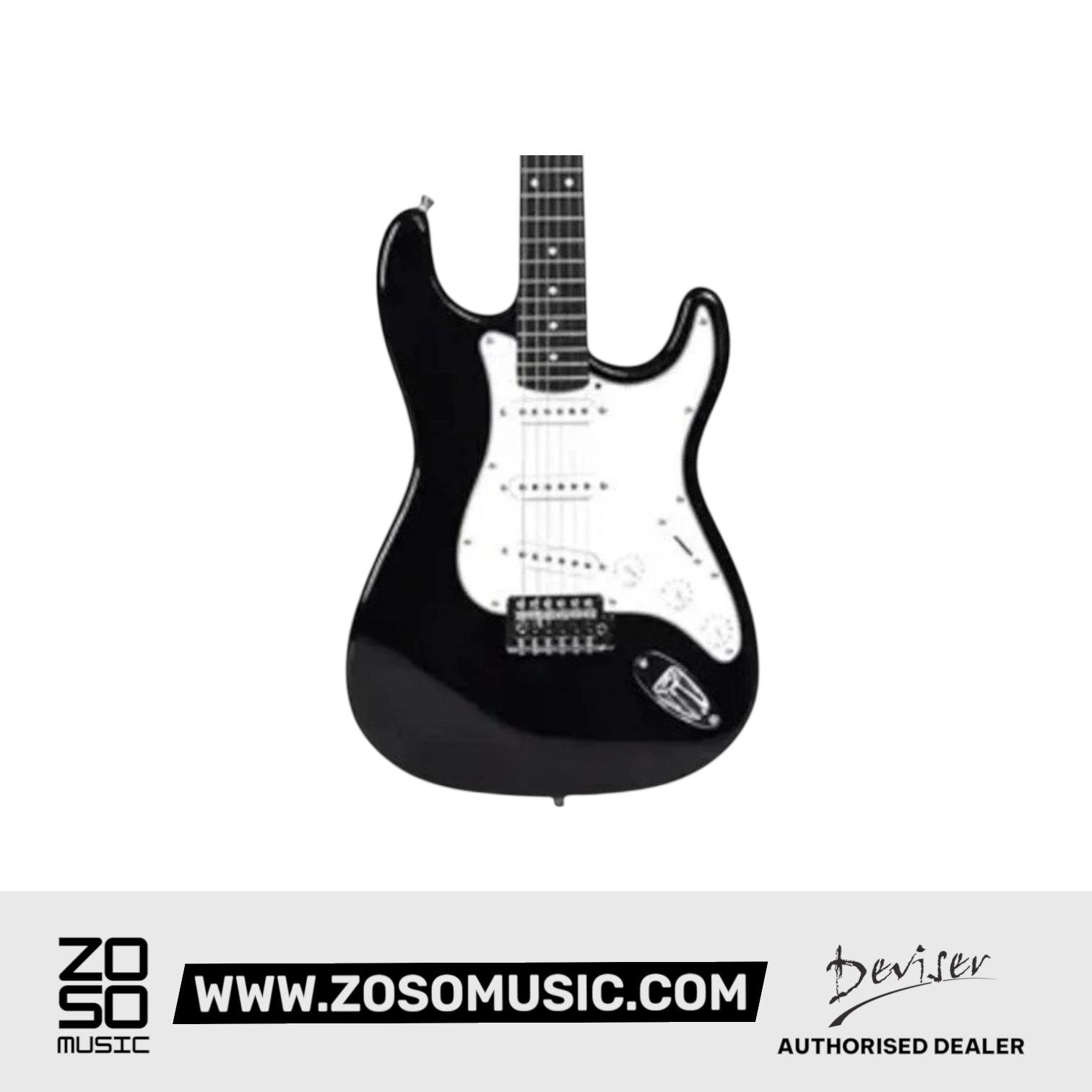 Zoso Music Deviser L-G2 solidbody electric guitar in black with a white pickguard and SSS pickup configuration