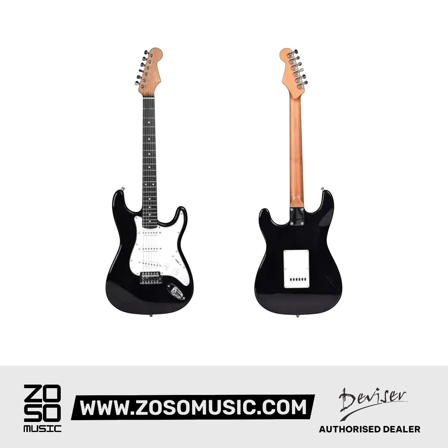 Zoso Music Deviser L-G2 solidbody electric guitar in black with roasted maple neck and SSS pickup configuration.