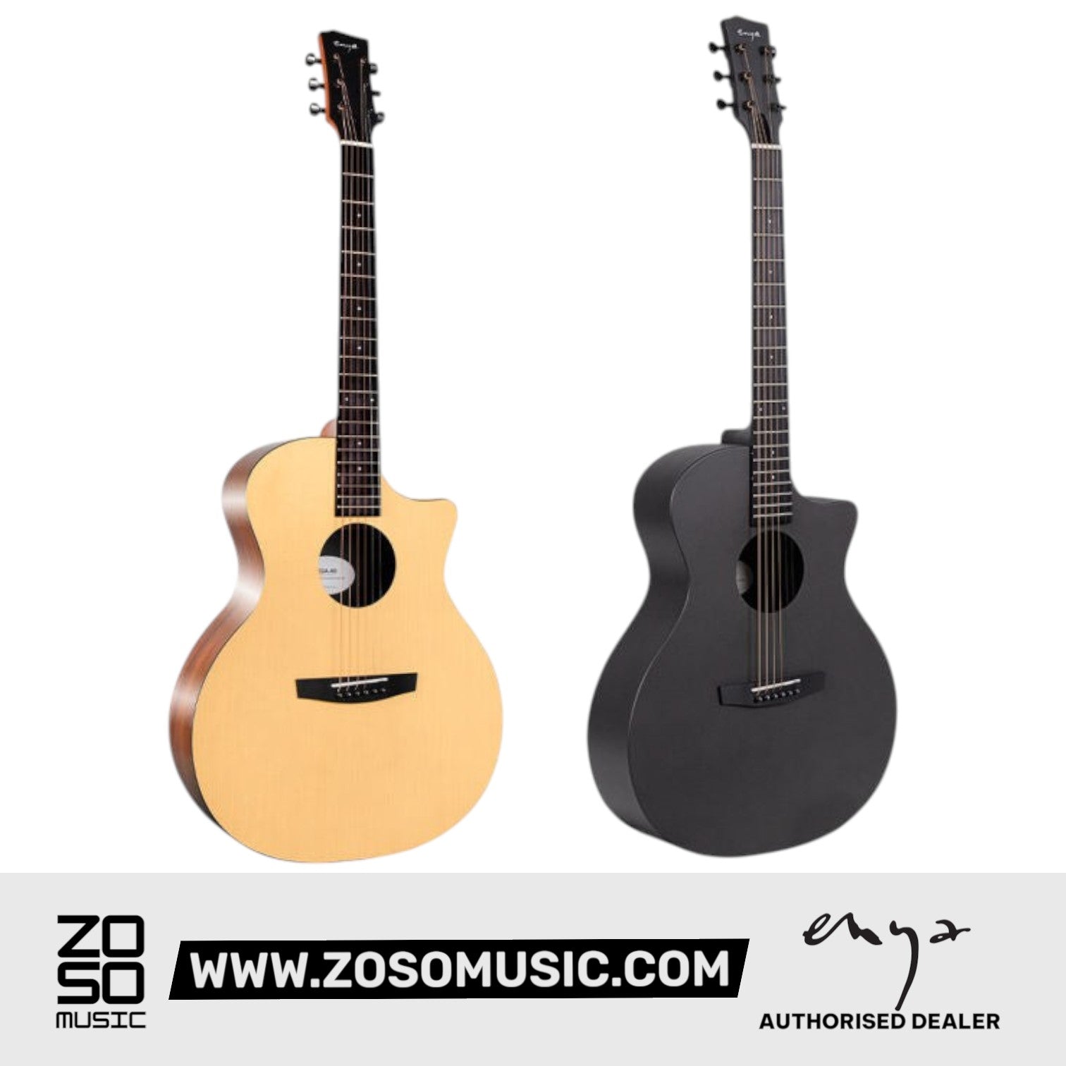 Zoso Music Enya EGA-X0 41-inch acoustic guitars in natural spruce and matte black finishes with cutaway design.