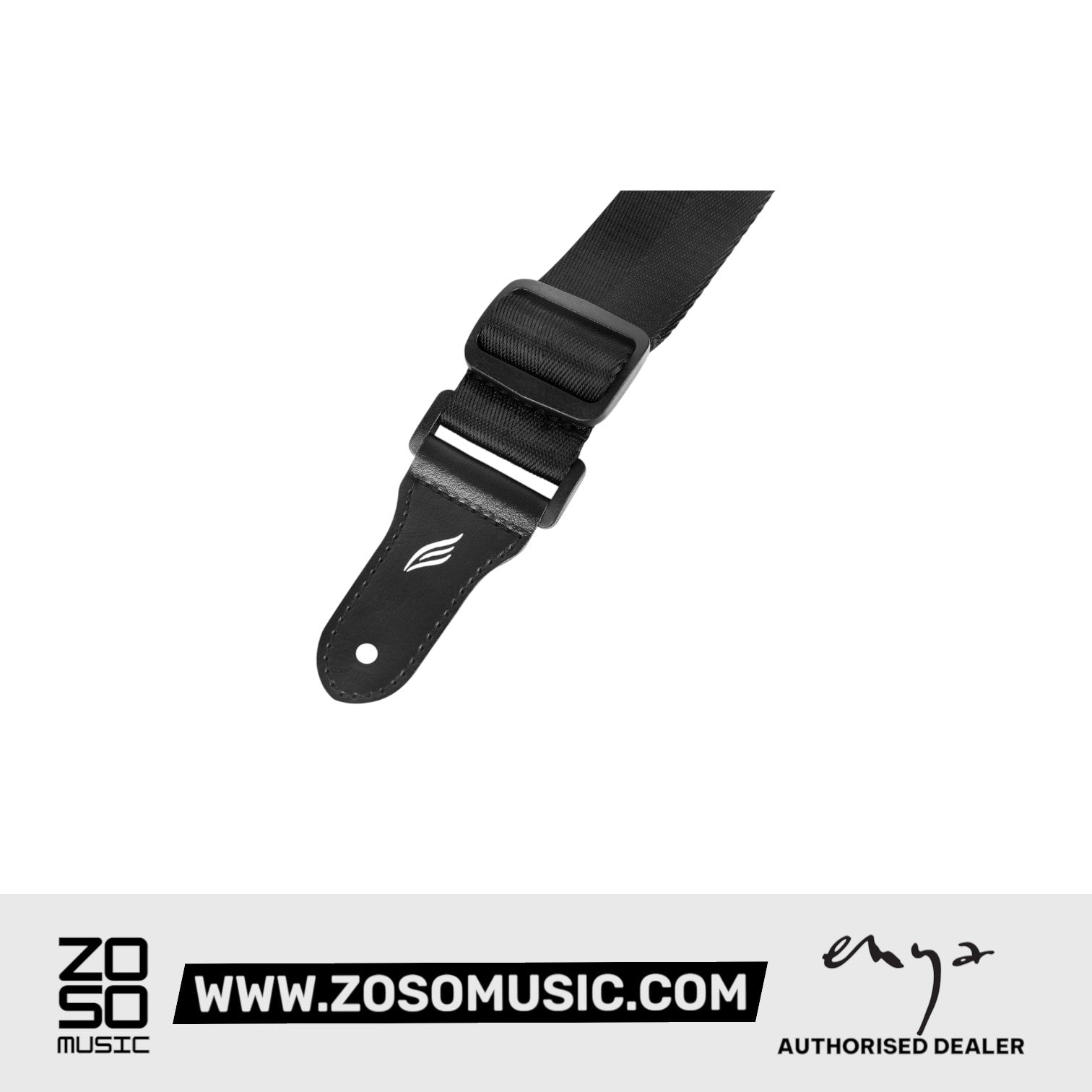 Zoso Music Enya black woven nylon ukulele strap with leather ends and adjustable buckle