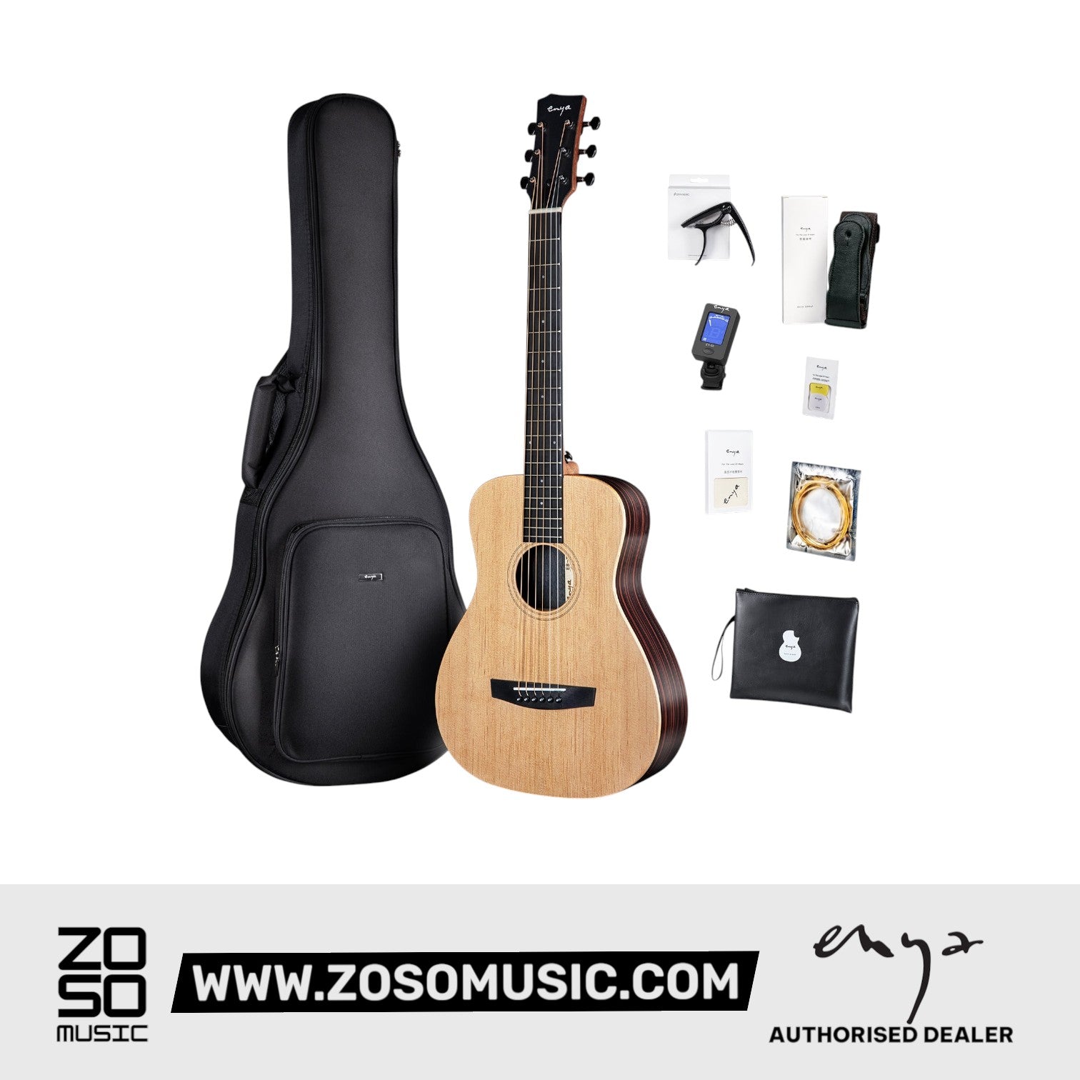 Zoso Music ENYA EB-X1 PRO MAX acoustic guitar bundle with black gig bag, capo, tuner, and accessories on white