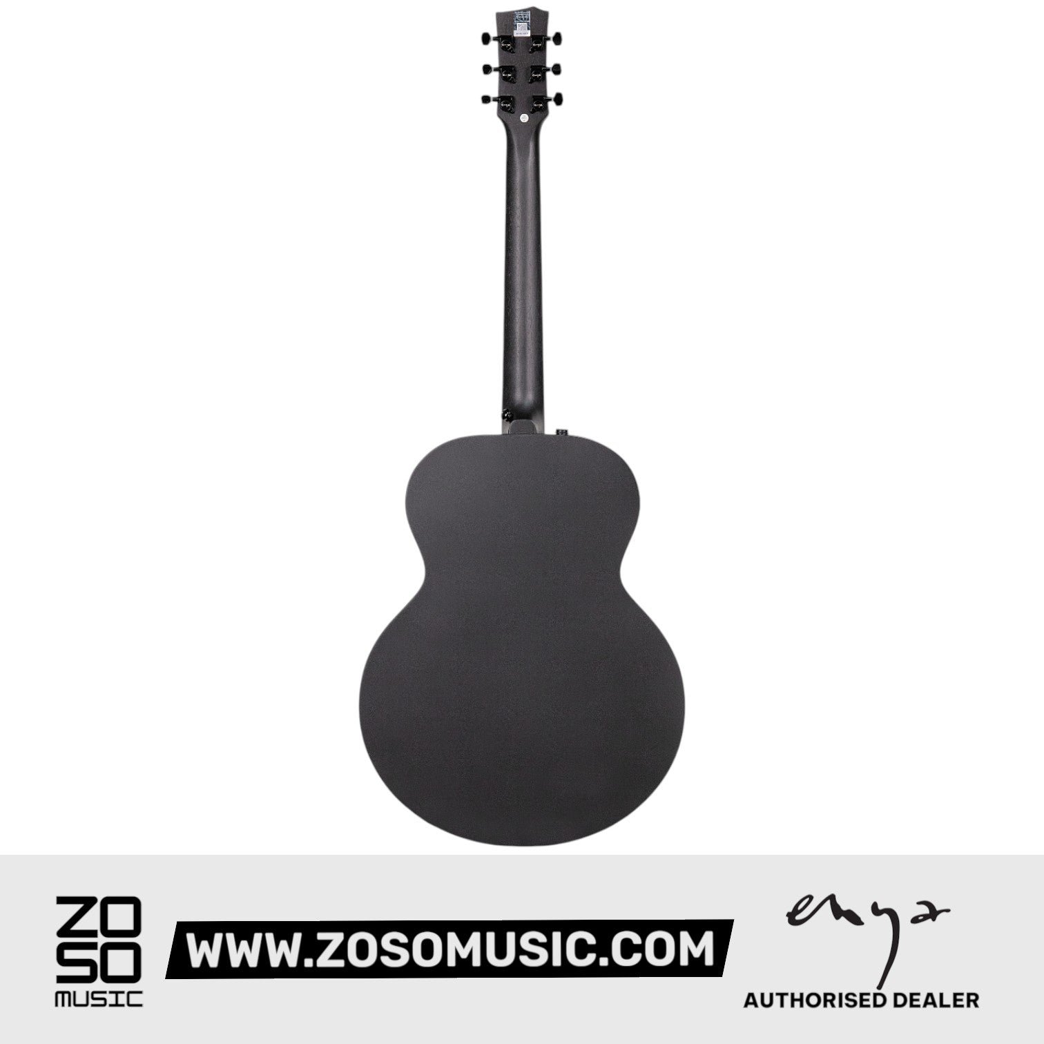 Back view of the Zoso Music Enya EM-X0 36-inch acoustic guitar in matte black with HPL Koa body and black neck.