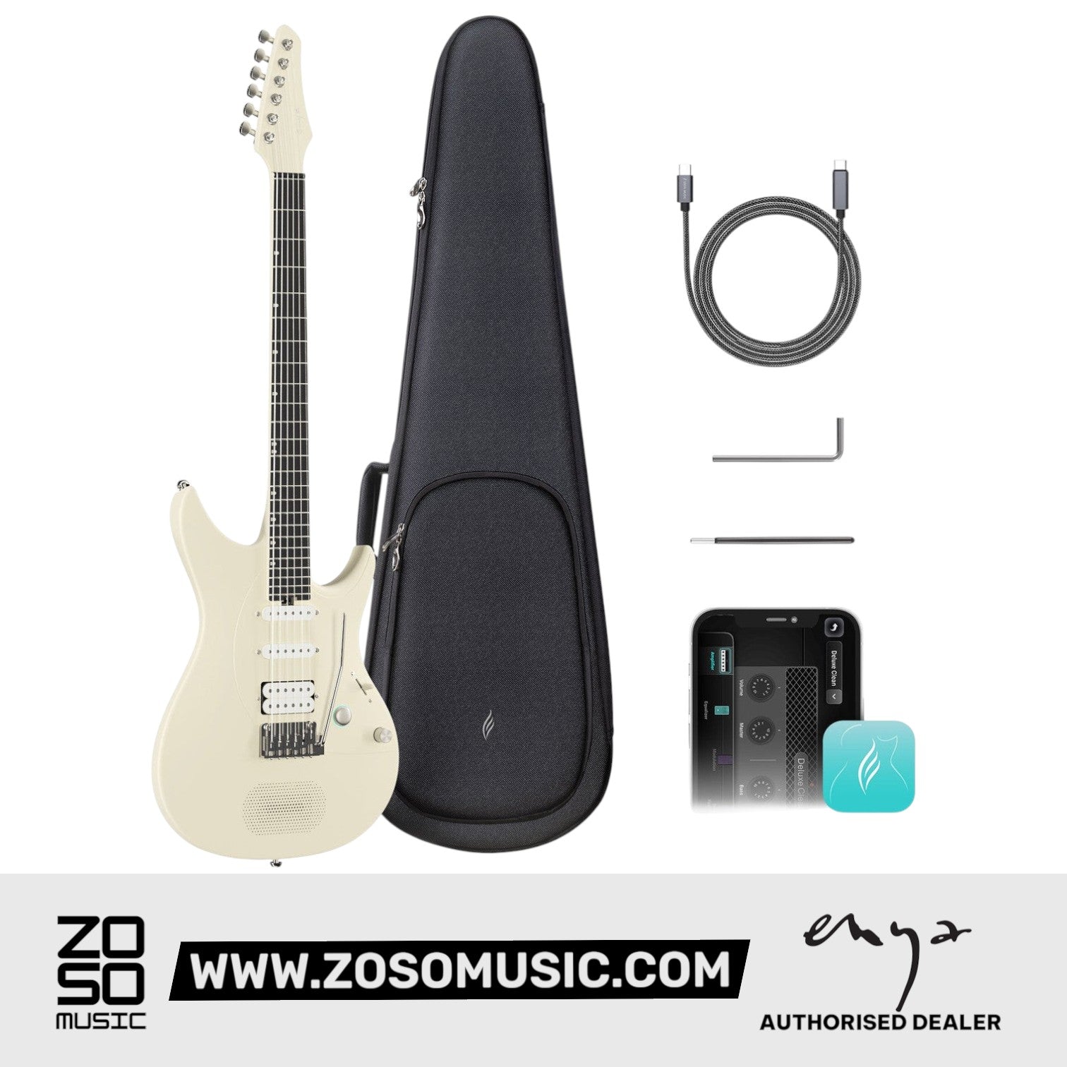 Zoso Music Enya Inspire 38-inch beige carbon fiber smart electric guitar with protective bag, cable, and app interface.