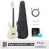 Zoso Music Enya Inspire 38-inch beige carbon fiber smart electric guitar with protective bag, cable, and app interface.