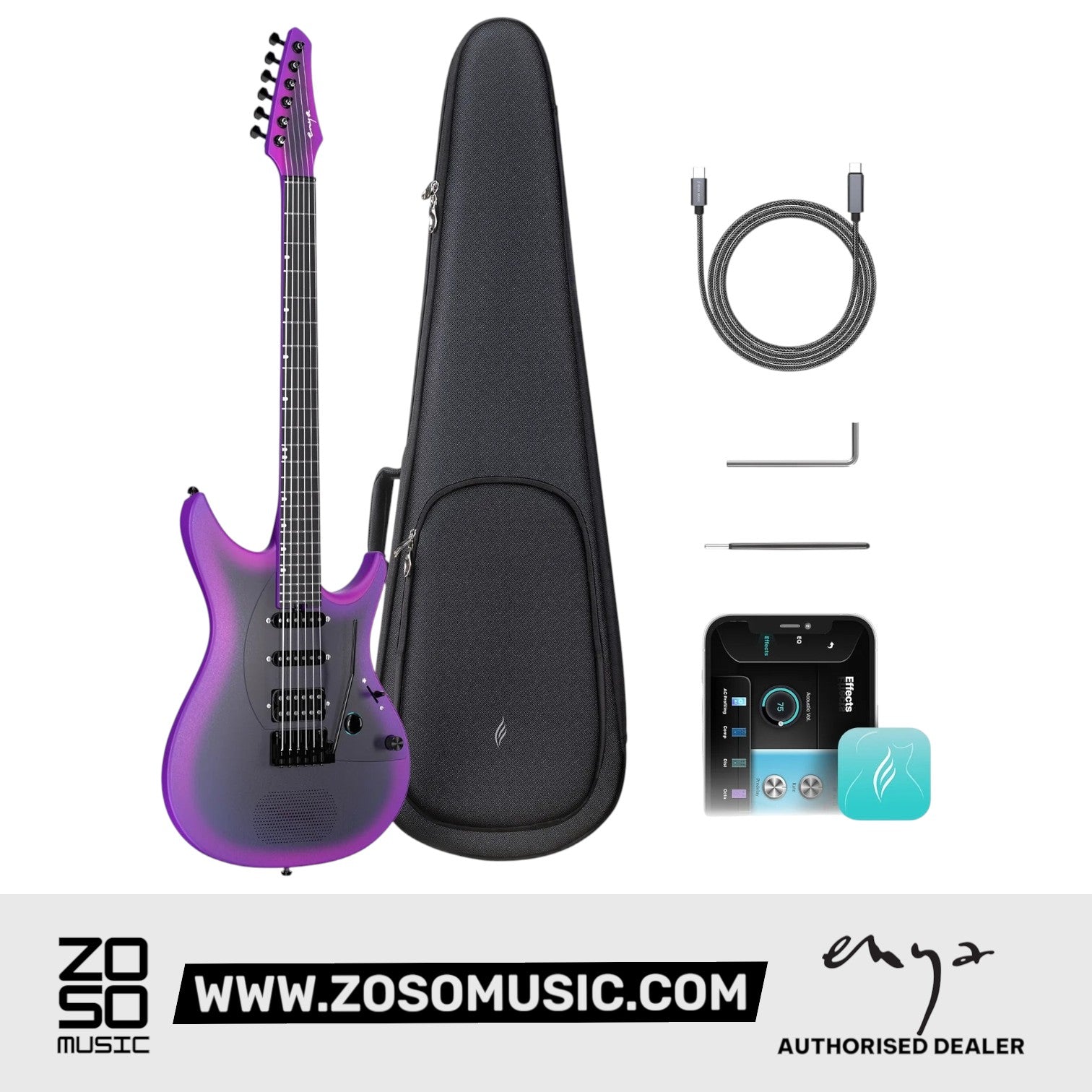 Zoso Music Enya Inspire smart electric guitar in royal purple with carbon fiber body, gig bag, and charging accessories.