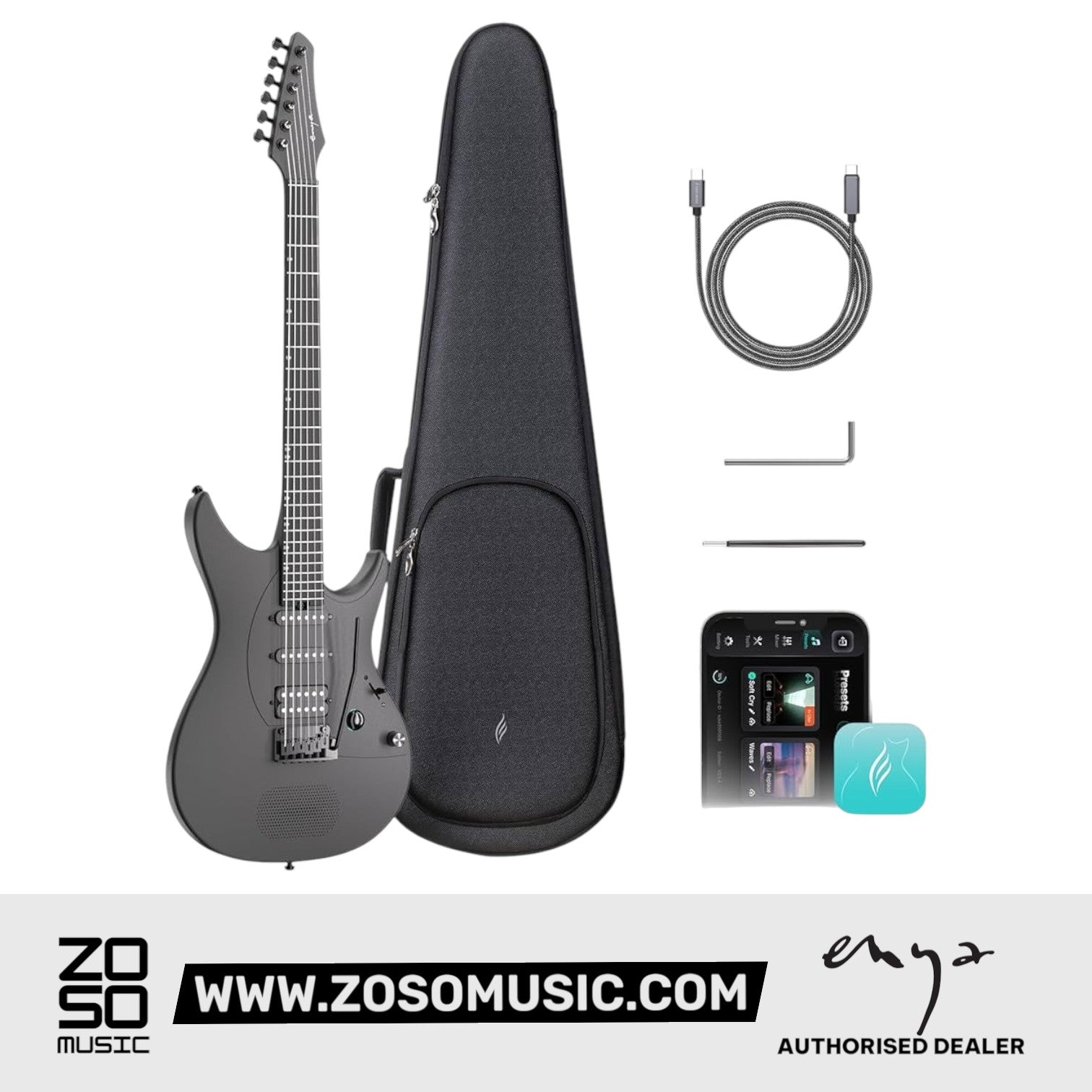 Zoso Music Enya Inspire smart electric guitar in black carbon fiber with protective bag, charging cable, and app interface
