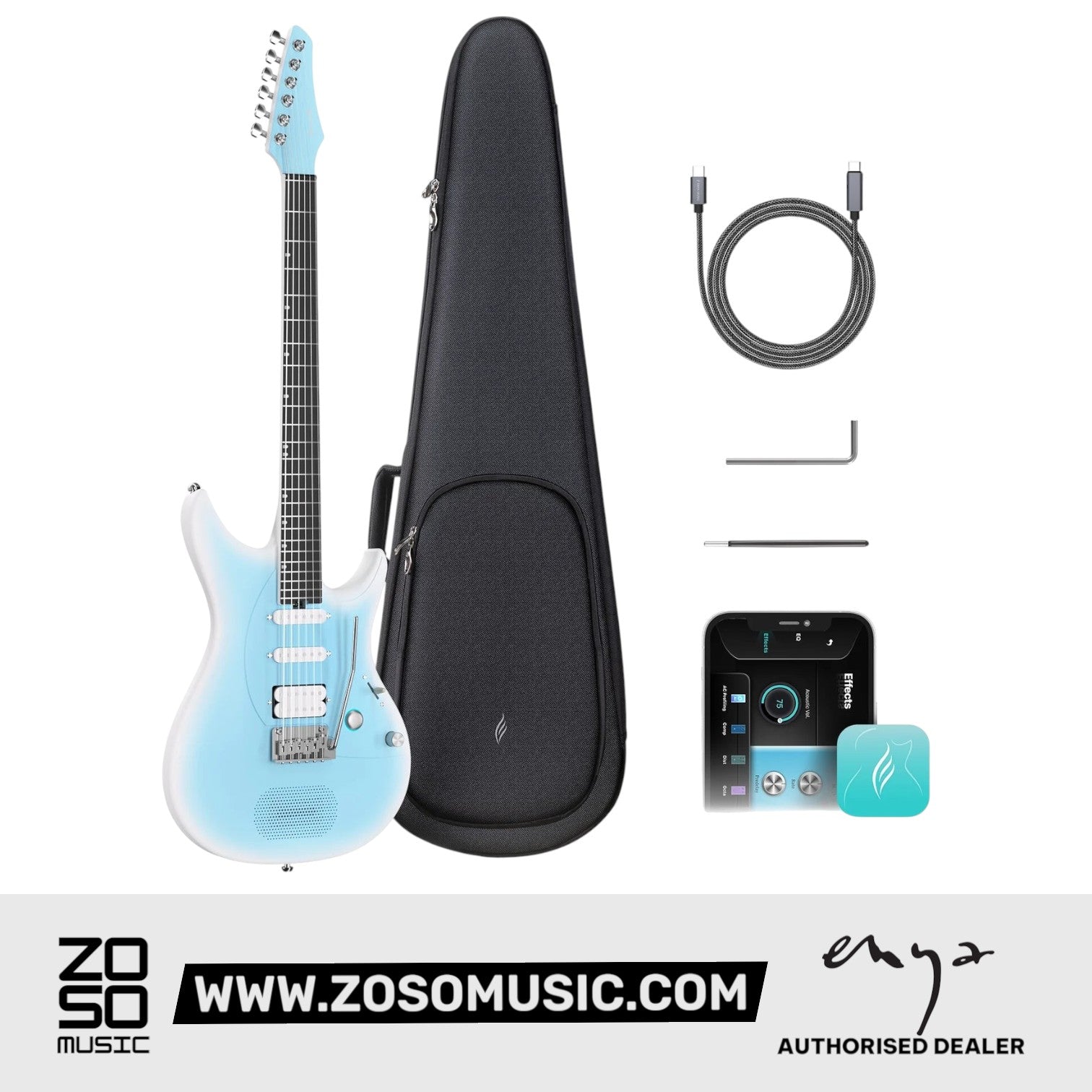 Zoso Music Enya Inspire light blue smart electric guitar with carbon fiber body, protective bag, and charging cable.