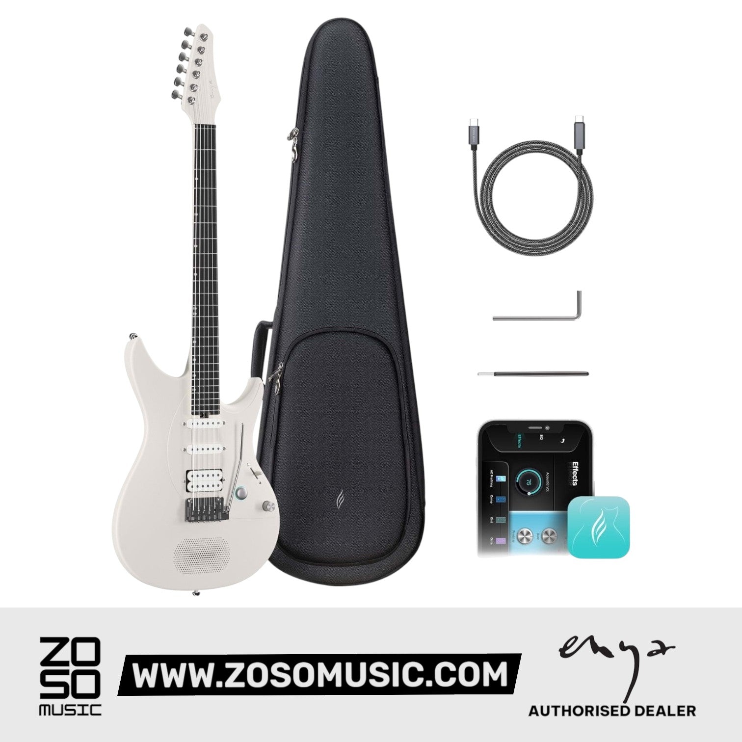 Zoso Music Enya Inspire smart electric guitar in midnight grey with carbon fiber body, gig bag, and charging cables.
