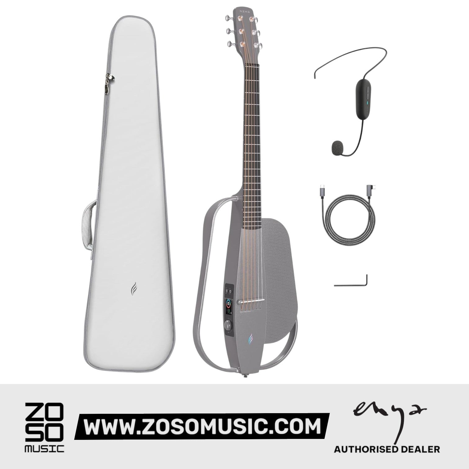 Zoso Music Enya NEXG SE gray carbon fiber smart guitar with carrying case, headset microphone, and accessories.