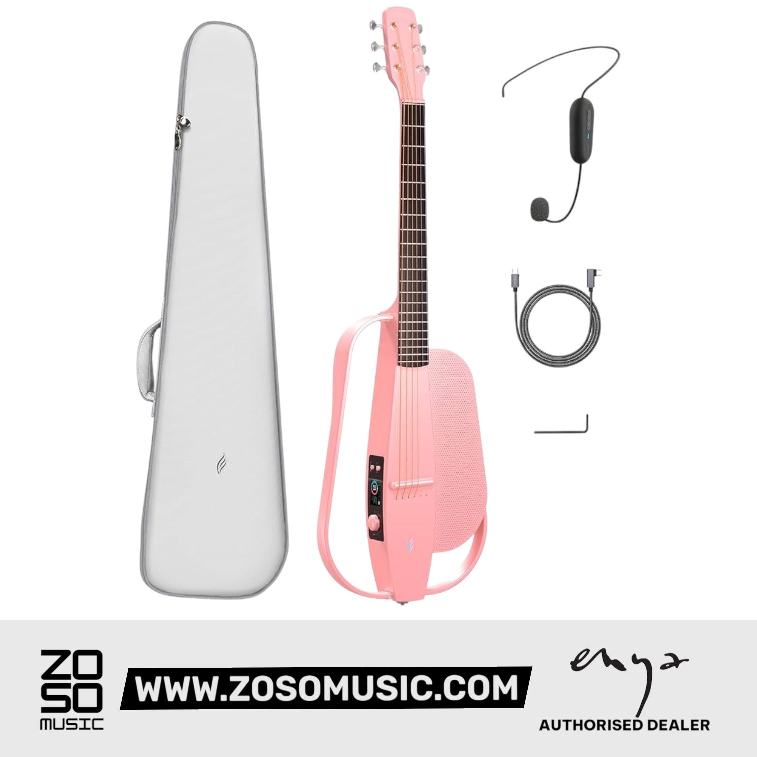 Zoso Music Enya NEXG SE pink carbon fiber smart guitar with gig bag, headset microphone, and charging cable.