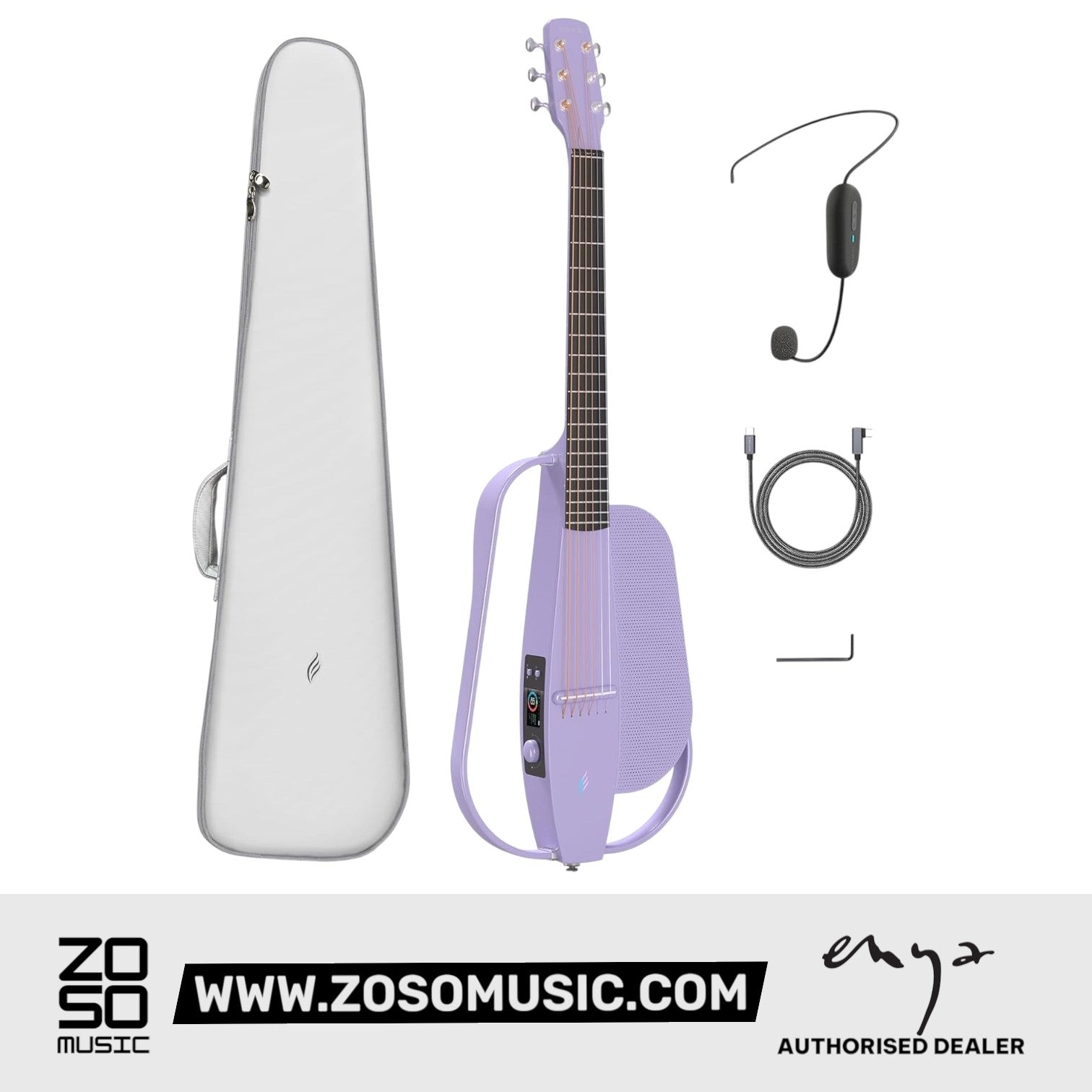 Zoso Music Enya NEXG SE purple carbon fiber smart guitar with gig bag, headset microphone, and charging cable.