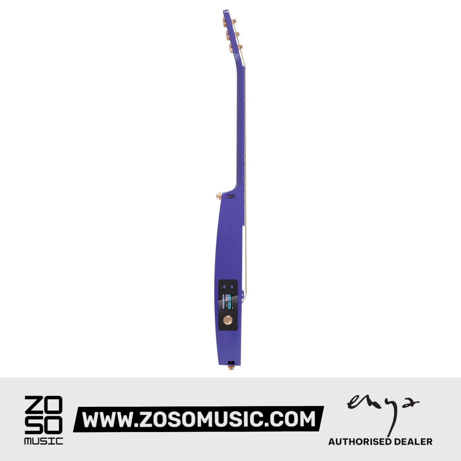 Zoso Music Enya NEXG2 38-inch smart audio guitar in purple carbon fiber, side profile view with touch display.