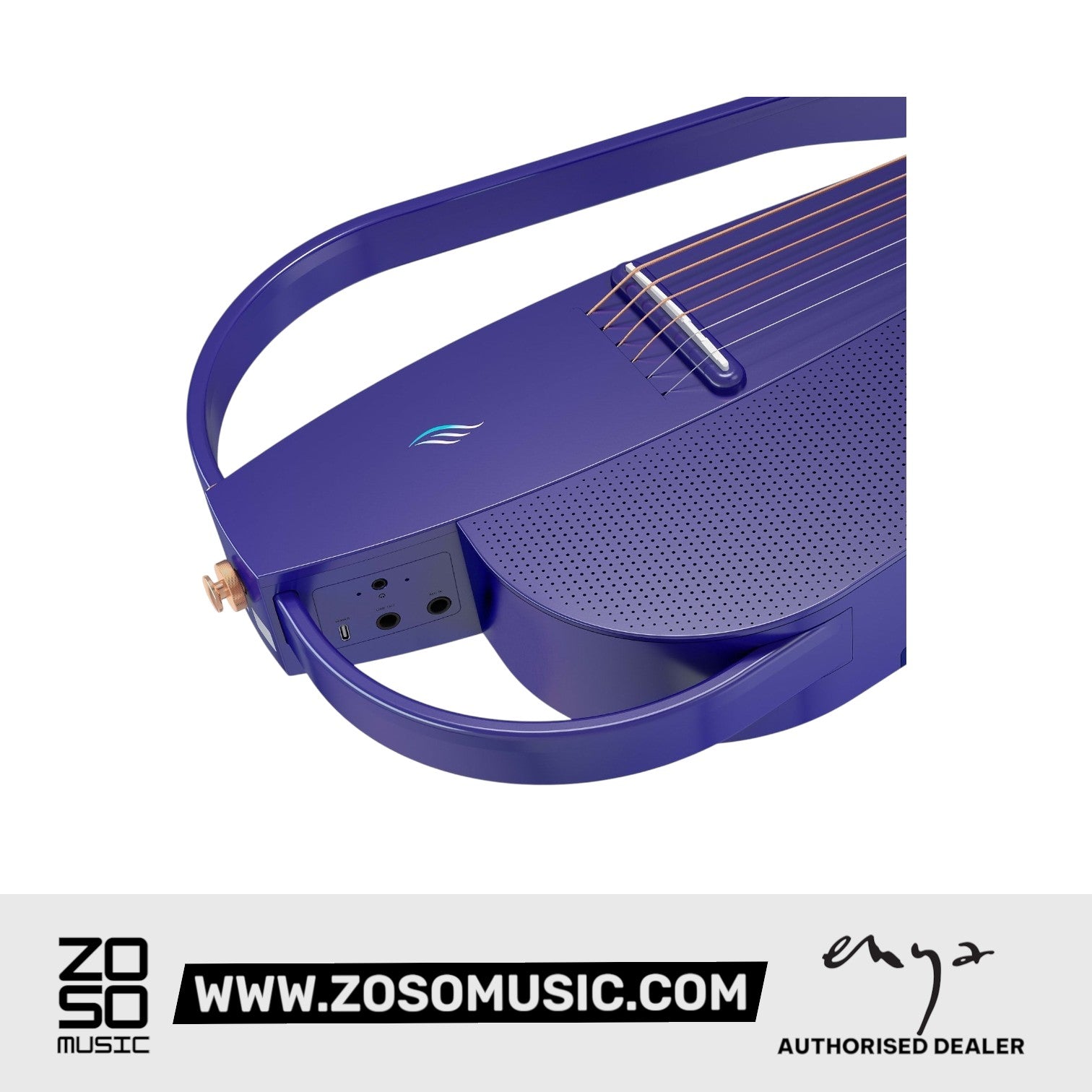 Zoso Music Enya NEXG2 38-inch purple carbon fiber smart audio guitar showing the built-in speaker and input ports.