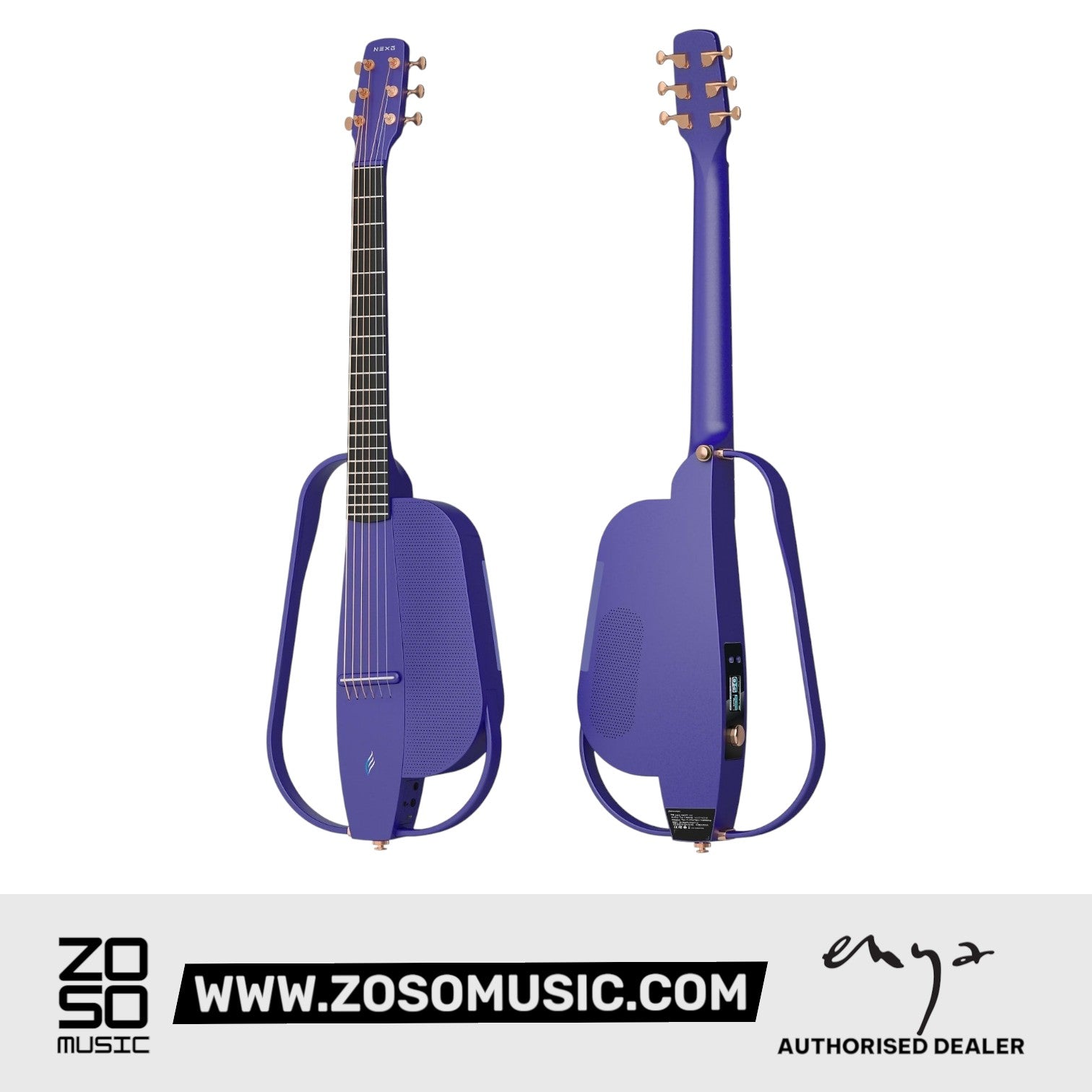 Zoso Music Enya NEXG2 38-inch purple carbon fiber smart audio guitar, front and back view with built-in speaker.
