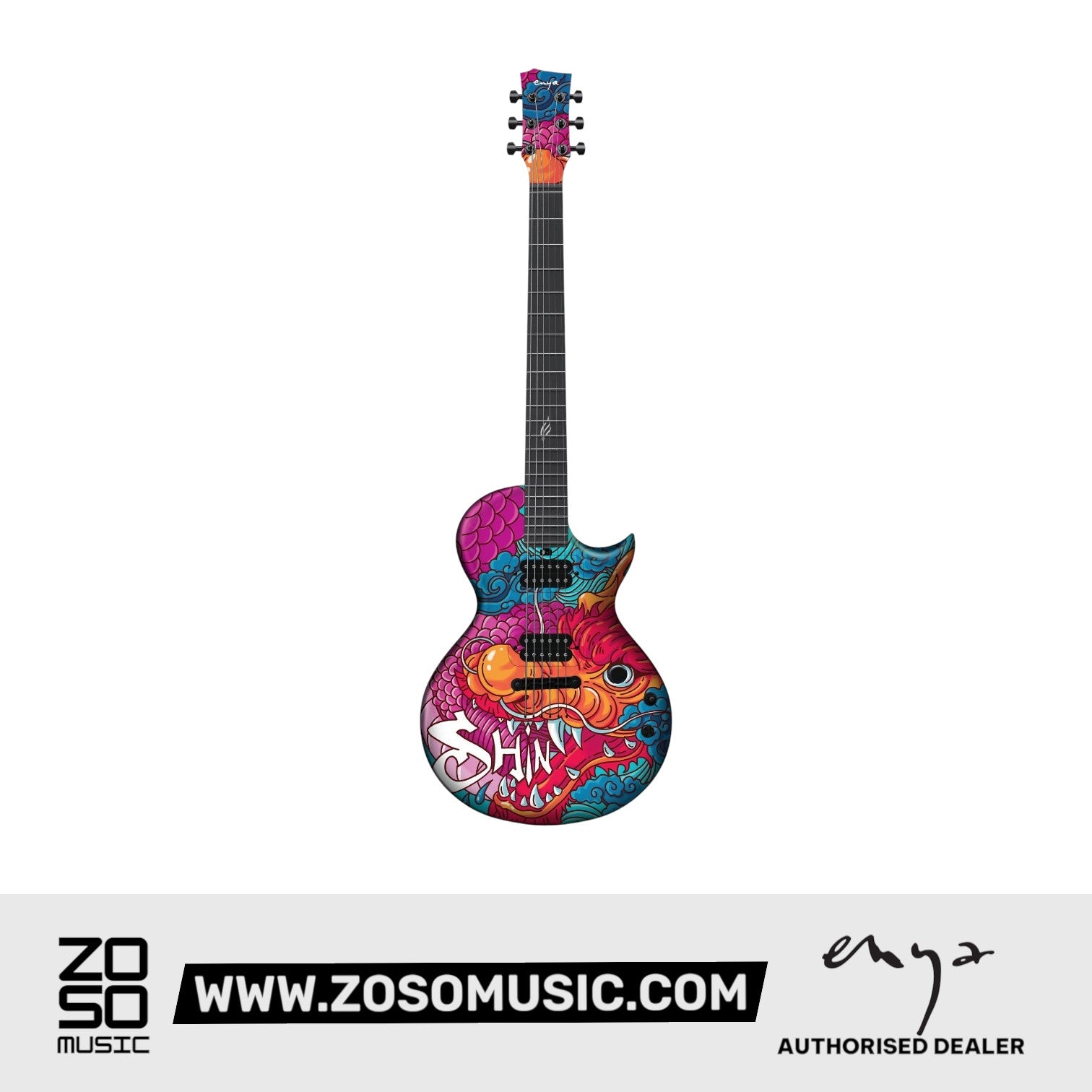 Zoso Music Enya Nova GO Sonic electric guitar featuring a vibrant dragon graphic on a carbon fiber body