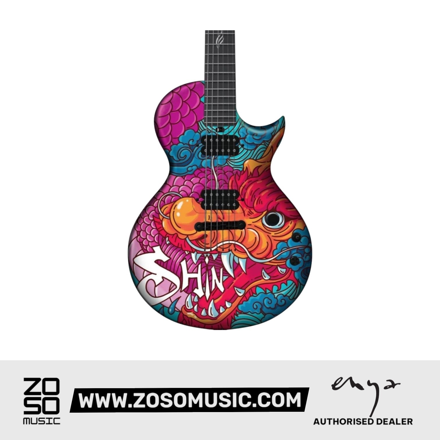 Zoso Music Enya Nova GO Sonic electric guitar featuring a vibrant dragon graphic on a carbon fiber body