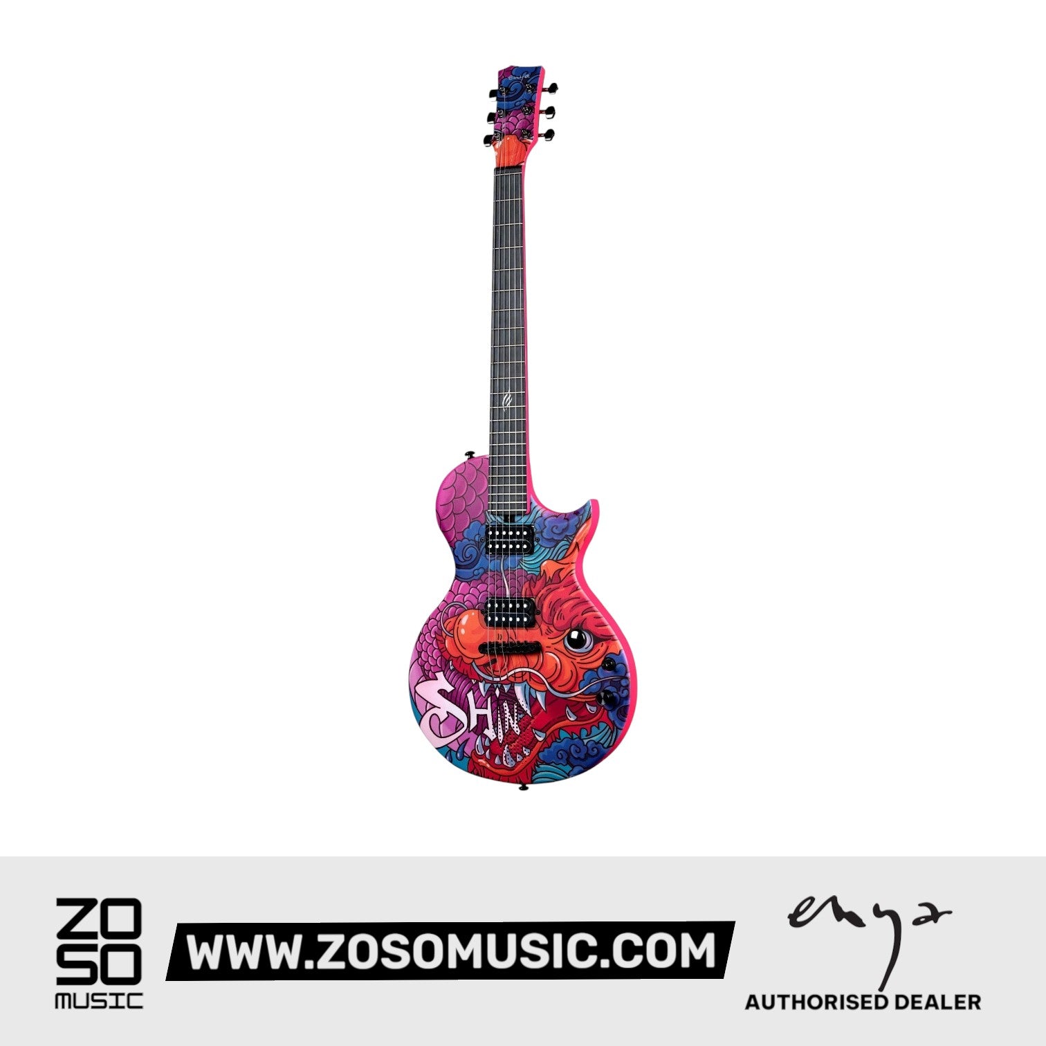 Zoso Music Enya Nova GO Sonic electric guitar featuring a vibrant dragon graphic on a carbon fiber body
