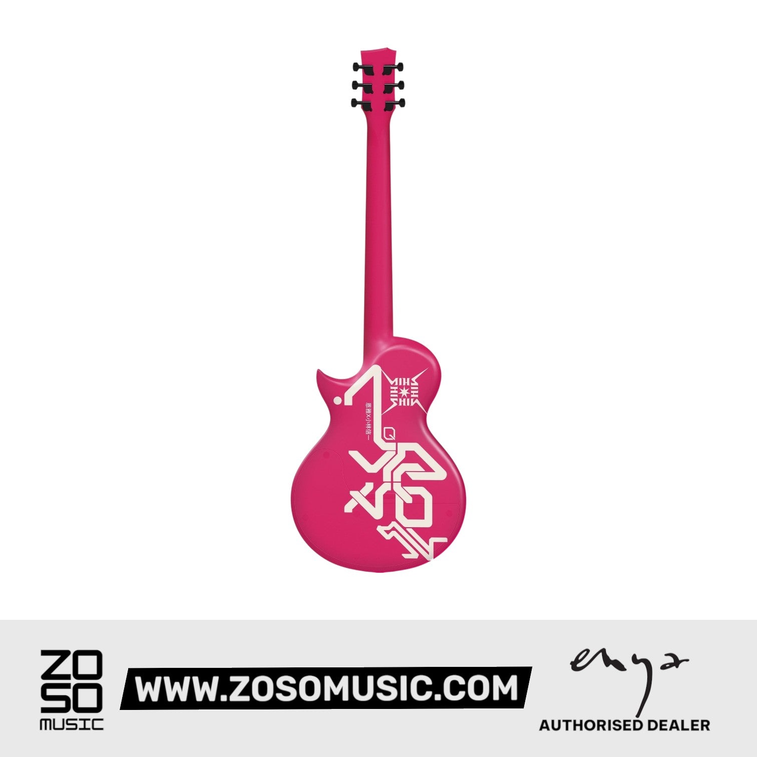 Zoso Music Enya Nova GO Sonic electric guitar in pink with dragon graphic, carbon fiber body, and integrated speaker.