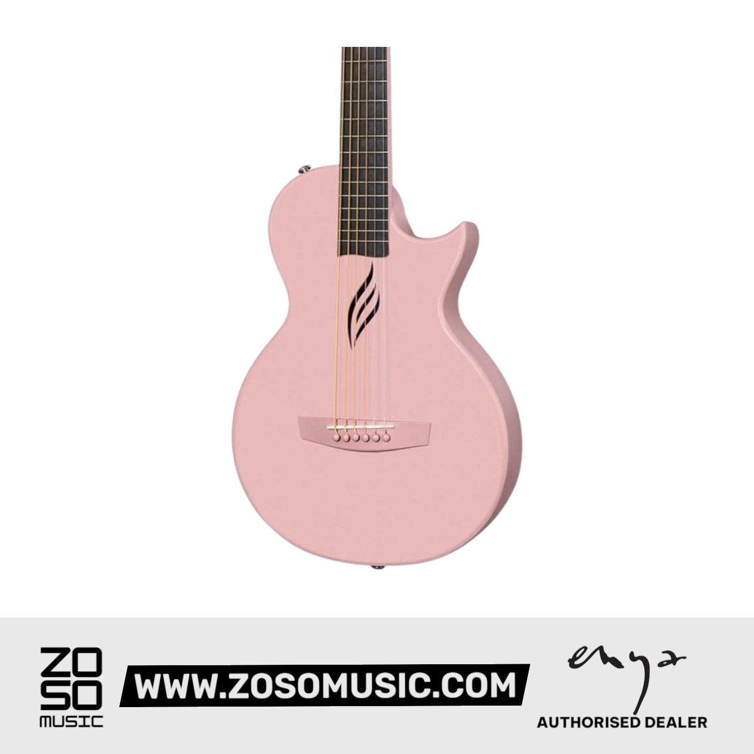 Zoso Music Enya Nova Go SP1 carbon fiber travel guitar in pastel pink with a sleek, modern body design.