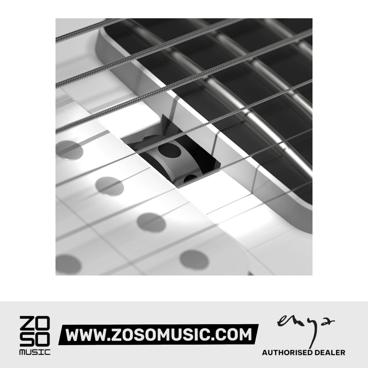 Close-up of the Zoso Music Enya Nova GO Sonic electric guitar bridge and strings on a white carbon fiber body