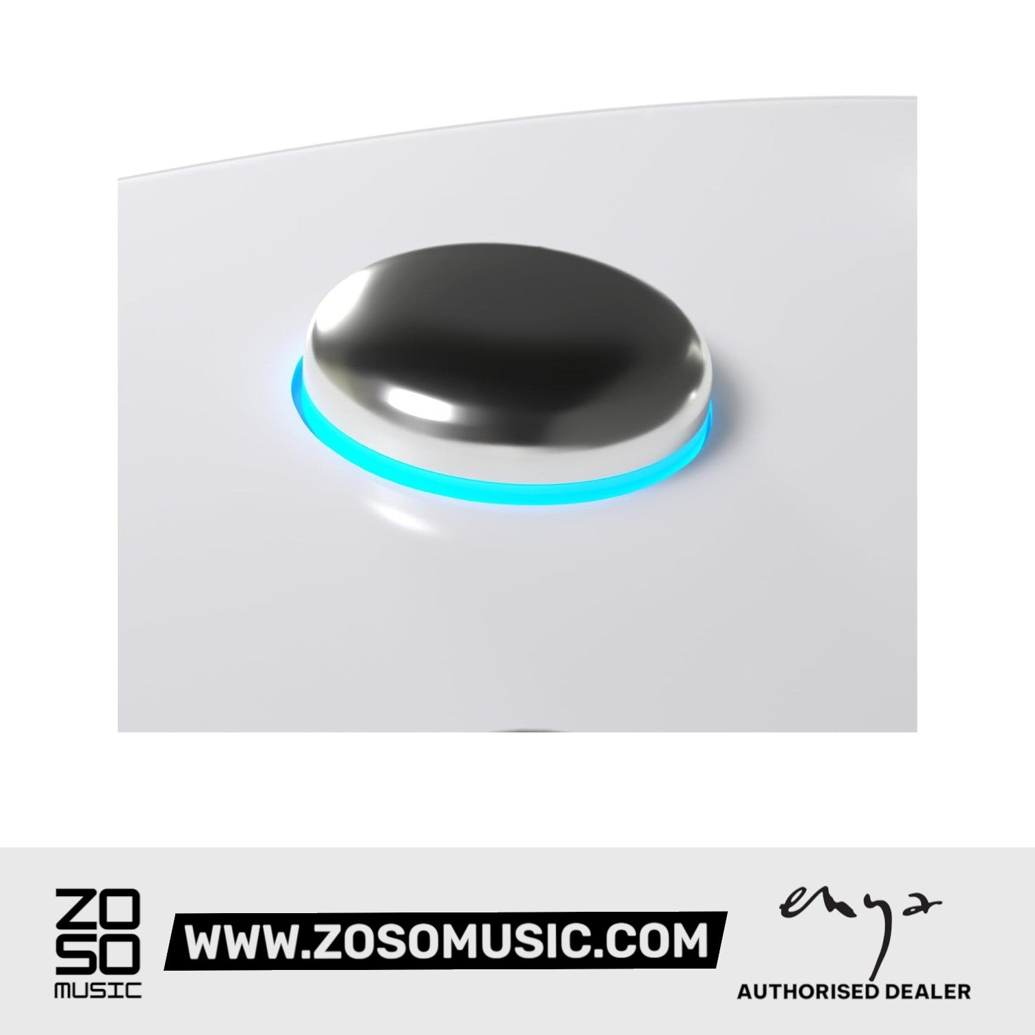 Zoso Music Enya Nova GO Sonic electric guitar control knob with glowing blue LED ring on a white carbon fiber body.