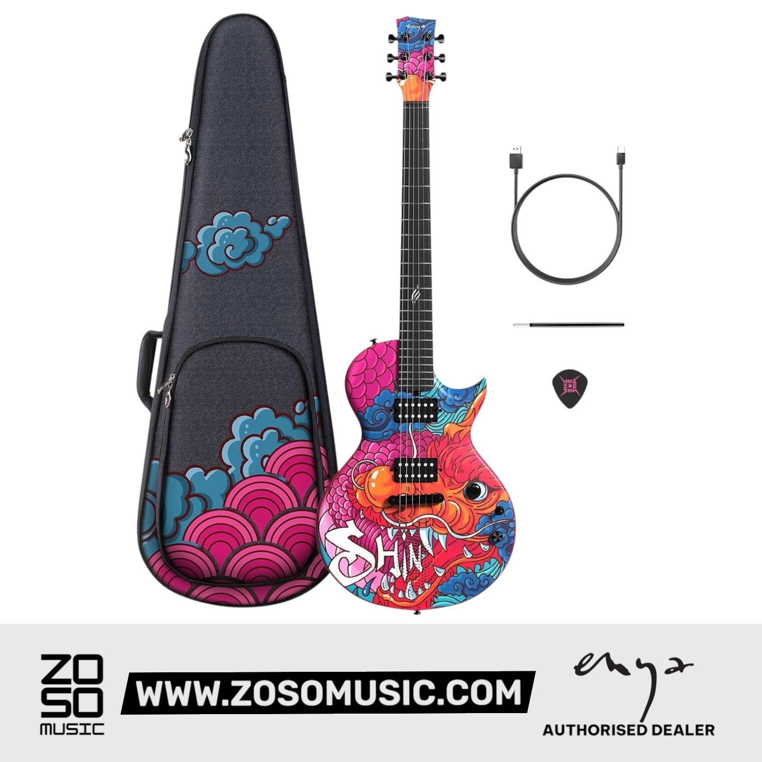 Zoso Music Enya Nova GO Sonic electric guitar with vibrant dragon graphic, carbon fiber body, and matching gig bag.
