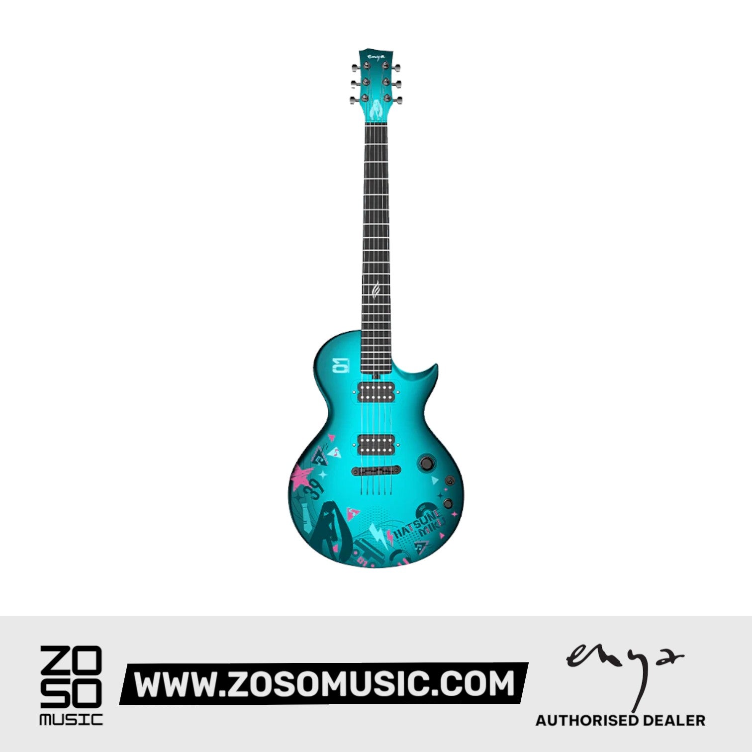 Zoso Music Enya Nova GO Sonic Hatsune Miku edition electric guitar in blue with carbon fiber body and custom graphics.