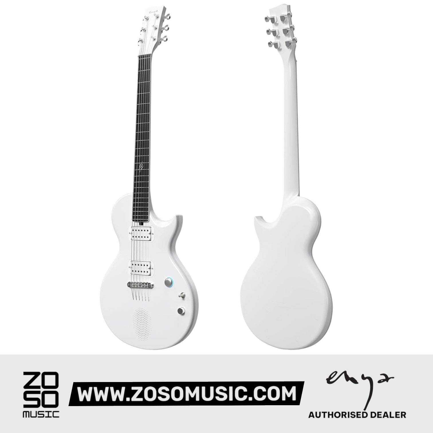 Zoso Music Enya Nova GO Sonic white carbon fiber smart electric guitar showing front and back views