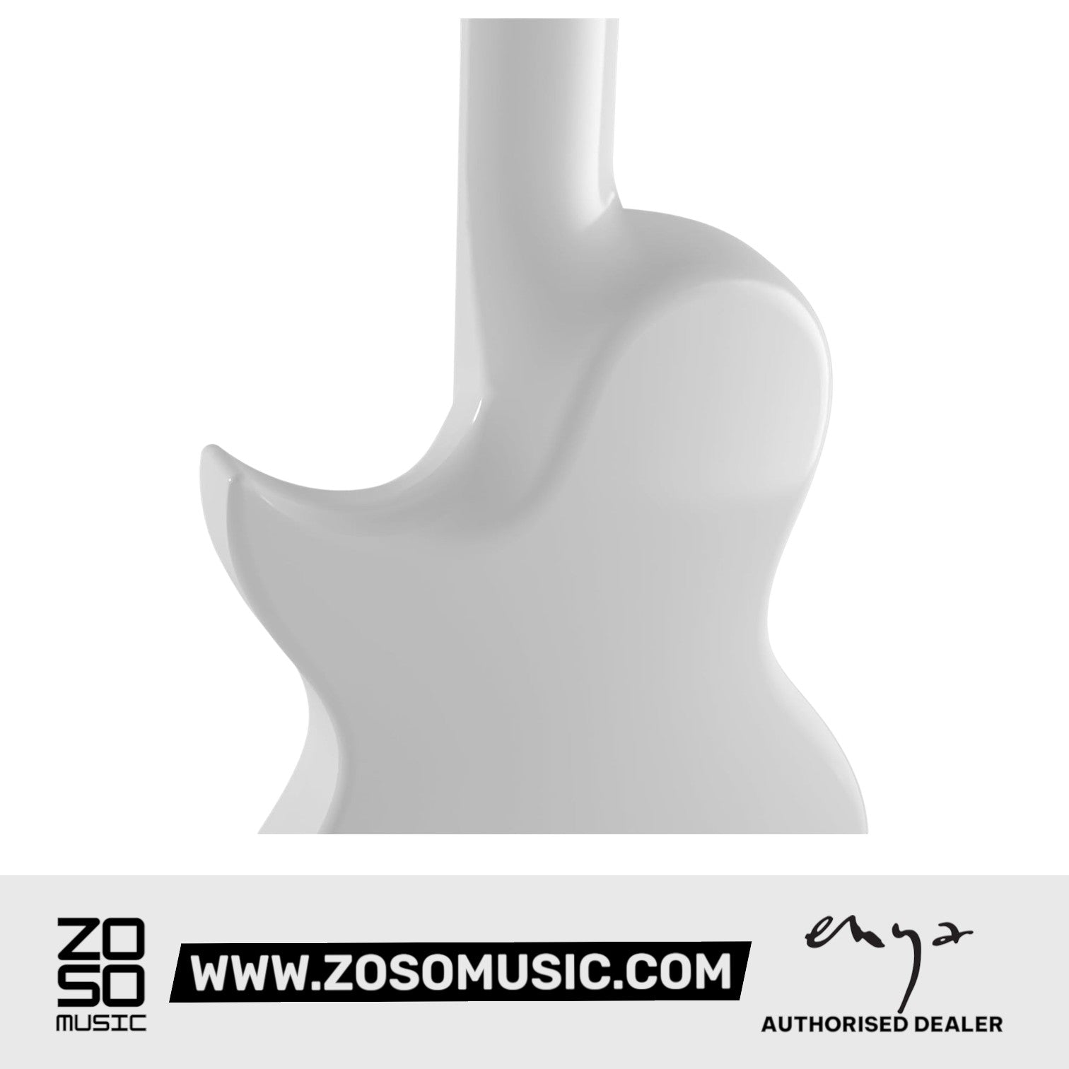 Zoso Music Enya Nova GO Sonic electric guitar in white, showing the smooth carbon fiber neck joint and body curve.