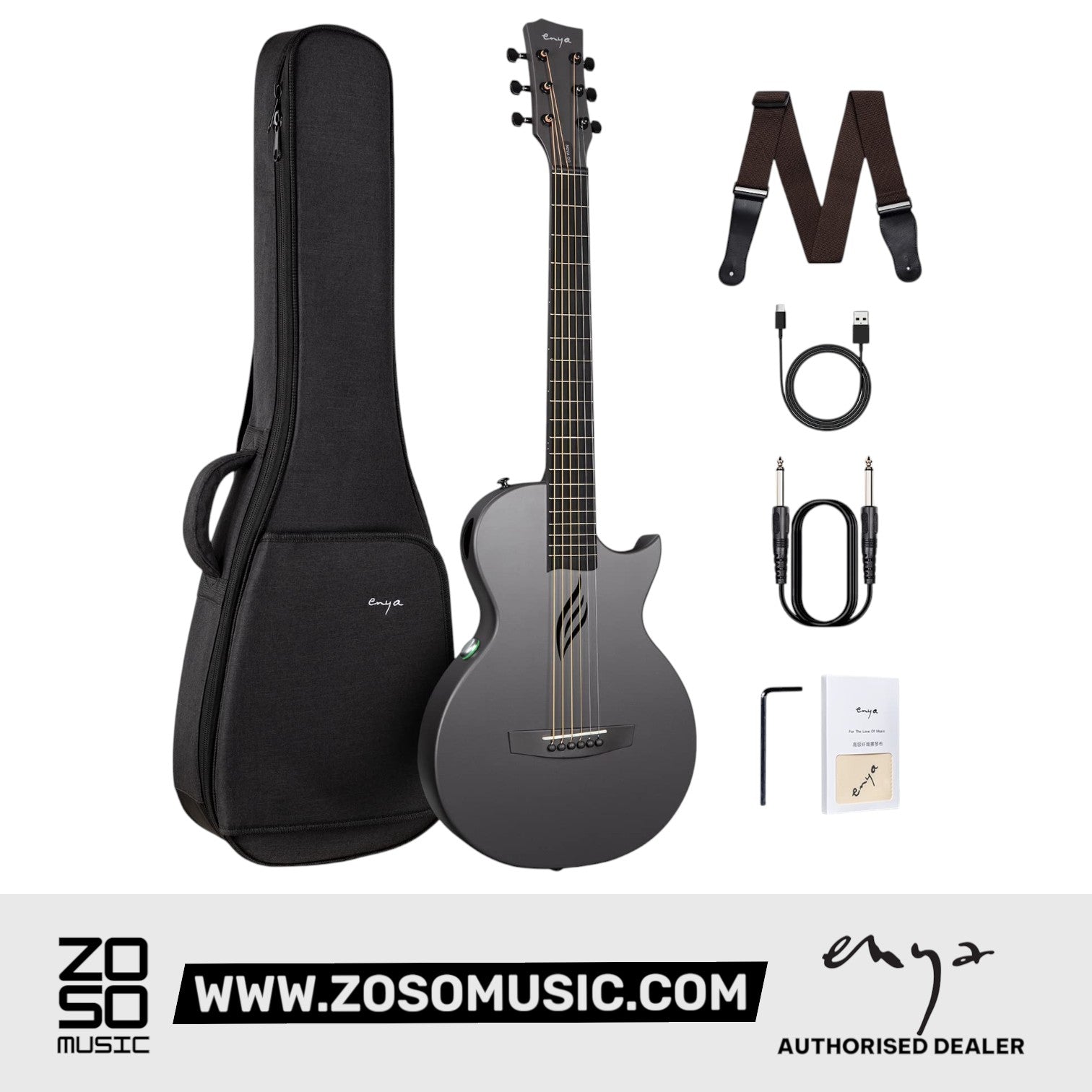 Zoso Music Enya Nova Go SP1 carbon fiber smart guitar in matte black with gig bag, strap, and charging accessories.