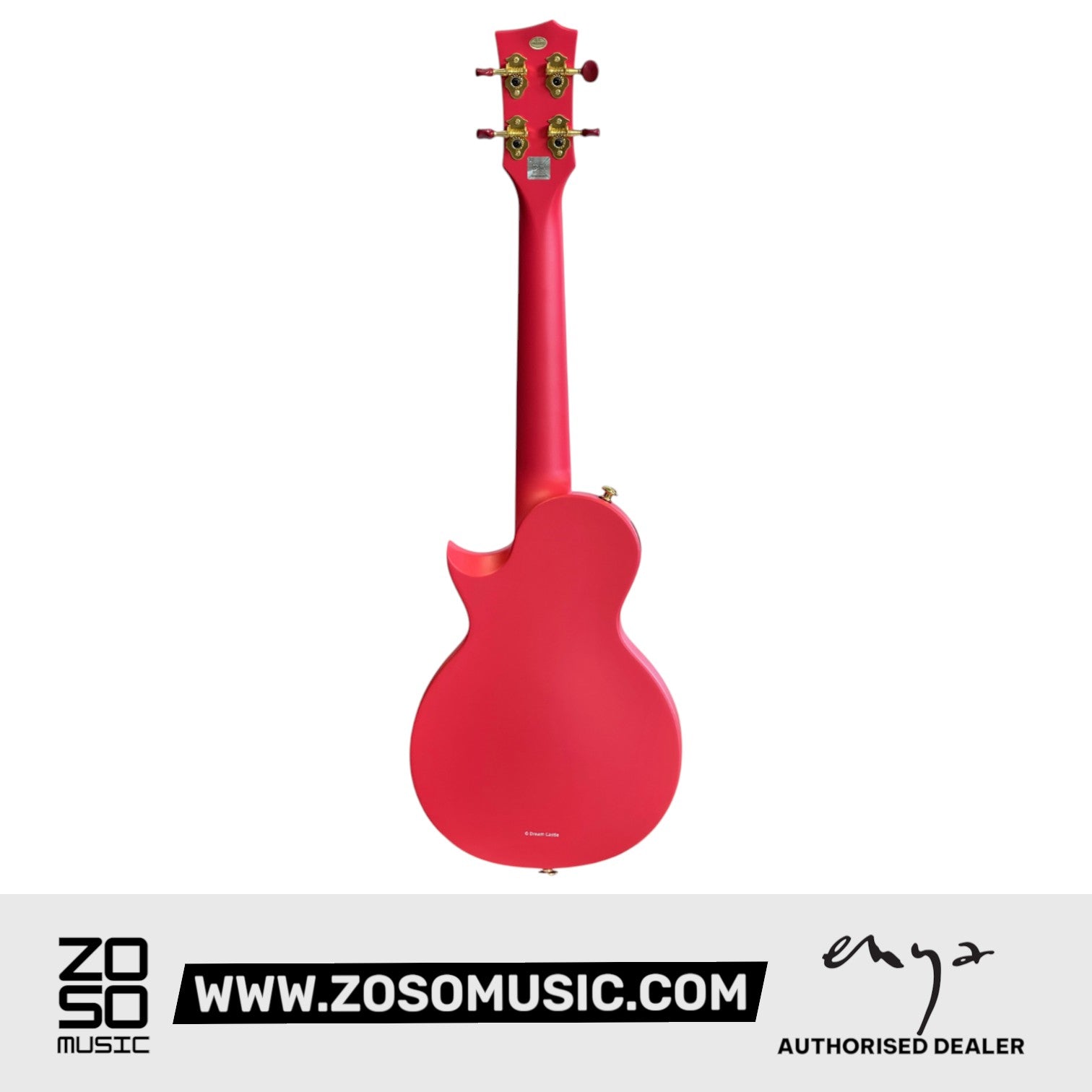 Zoso Music Enya Nova U concert ukulele in red, back view showing carbon fiber body and gold tuning pegs.