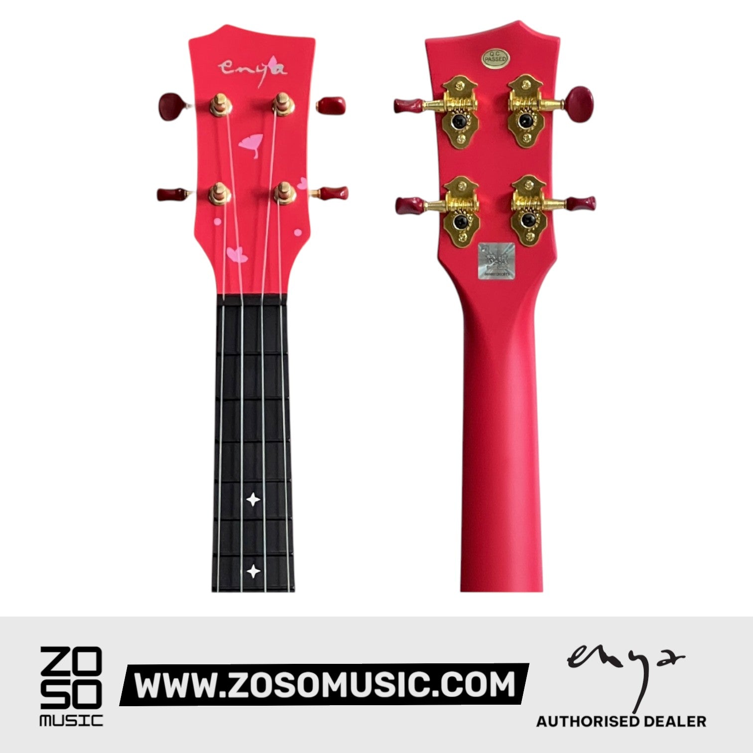 Zoso Music Enya Nova U Ali Fox concert ukulele headstock in red with gold tuning pegs and floral inlay detail
