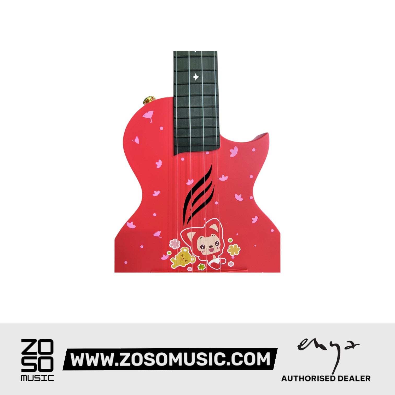 Zoso Music Enya Nova U Ali Fox custom red concert ukulele with carbon fiber body and cute character graphic design