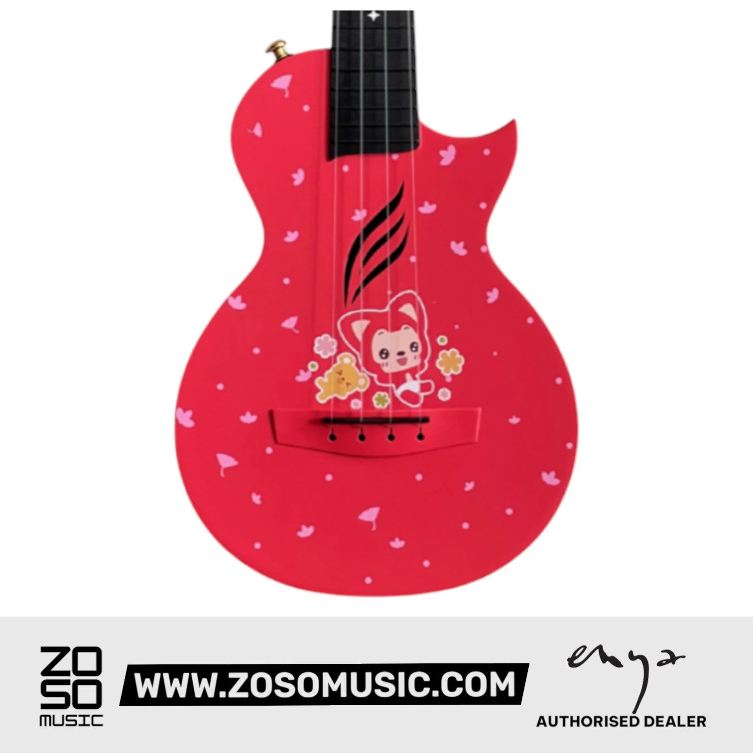 Zoso Music Enya Nova U Ali Fox concert ukulele in red with a cute character graphic and carbon fiber body.