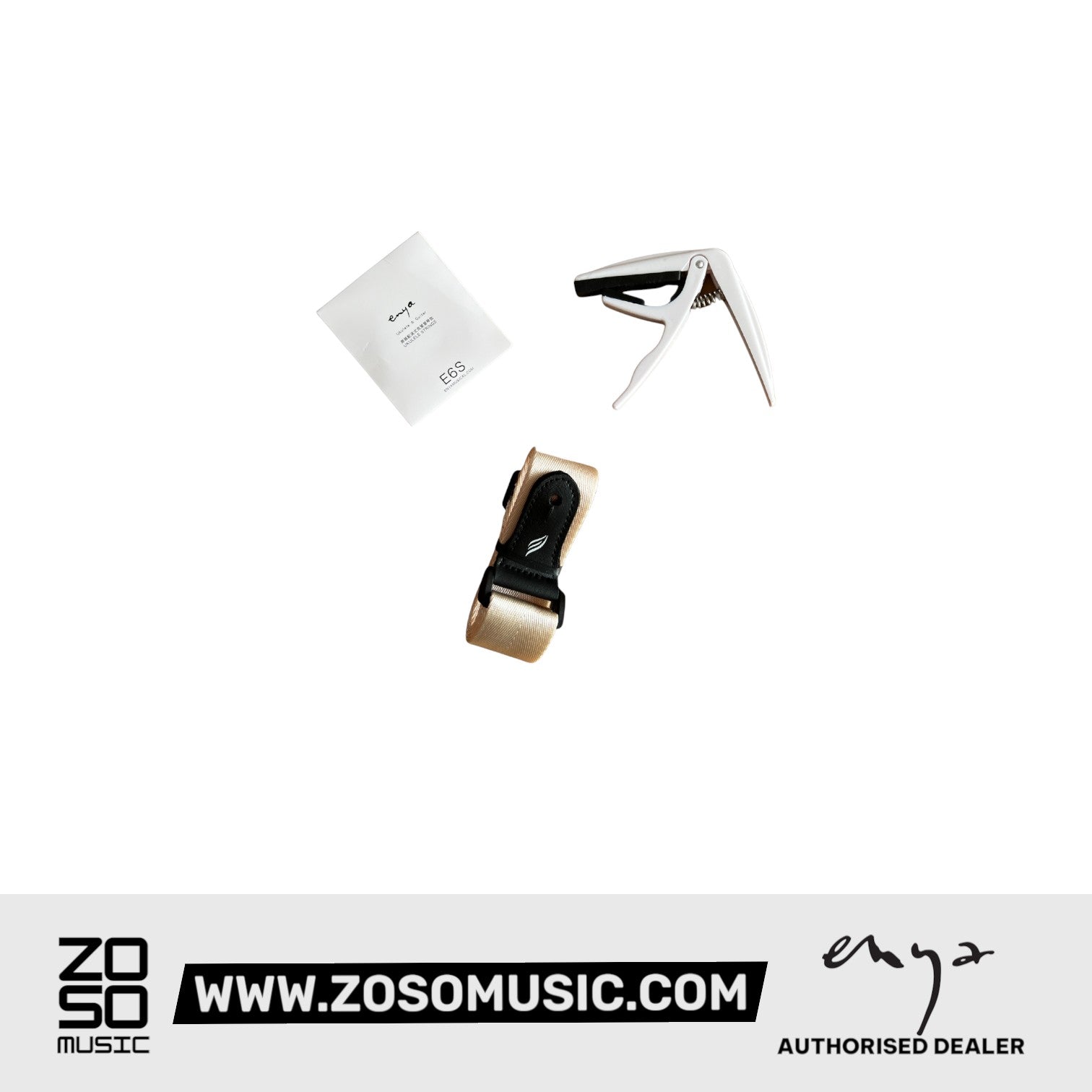 Zoso Music Enya Nova U concert ukulele accessory bundle including a white capo, beige strap, and spare strings.