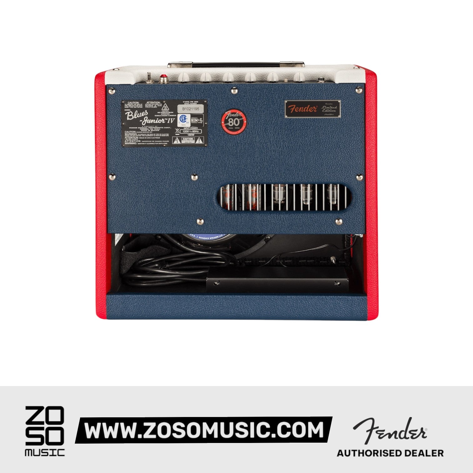 Zoso Music Fender Blues Junior IV tube amplifier back view featuring red, white, and blue vinyl cabinet finish.