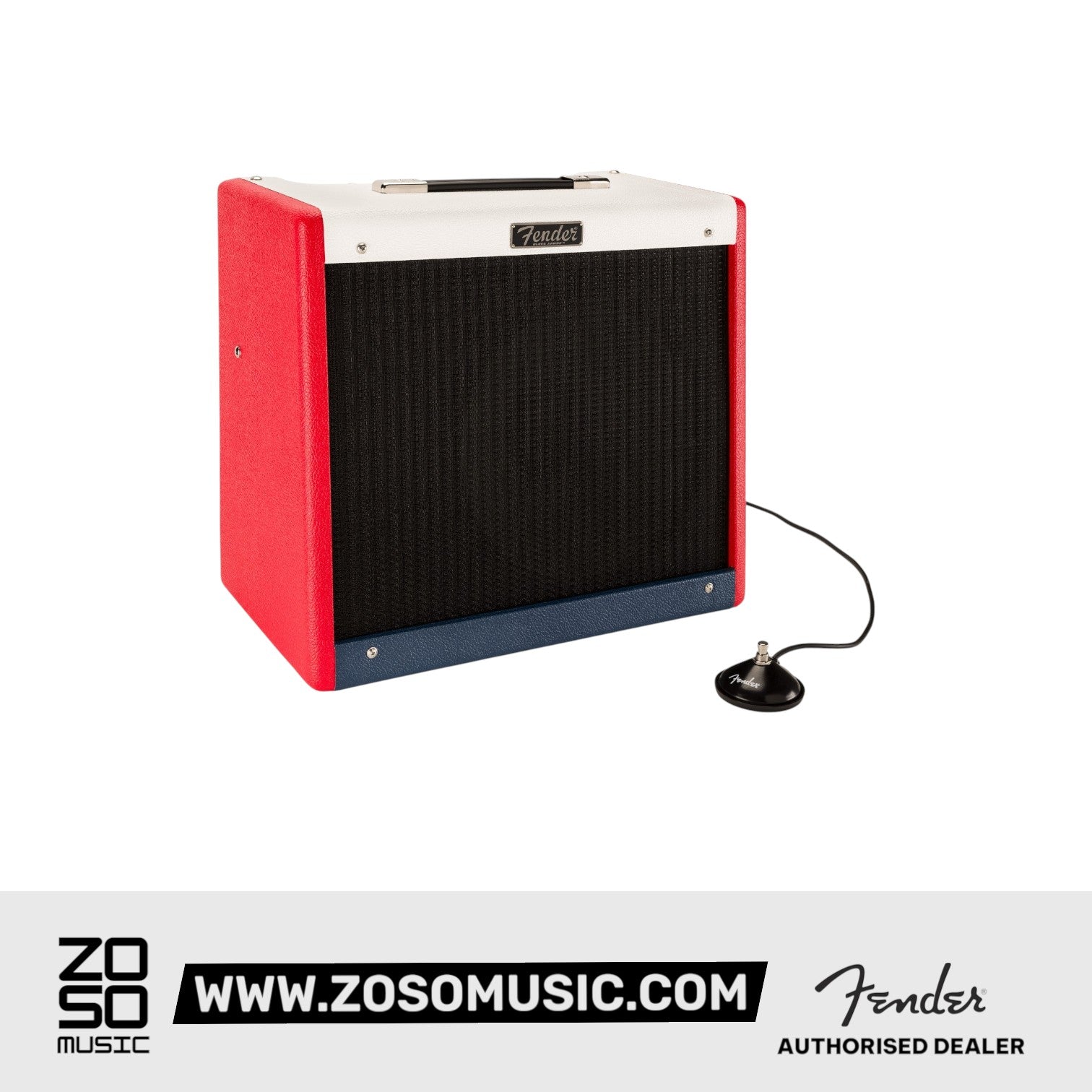 Zoso Music Fender Blues Junior IV combo amp with red, white, and blue vinyl cabinet and black grille cloth