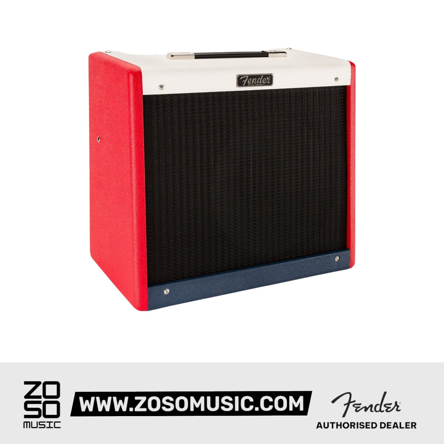 Zoso Music Fender Blues Junior IV guitar combo amp with red, white, and blue vinyl covering and black grille cloth